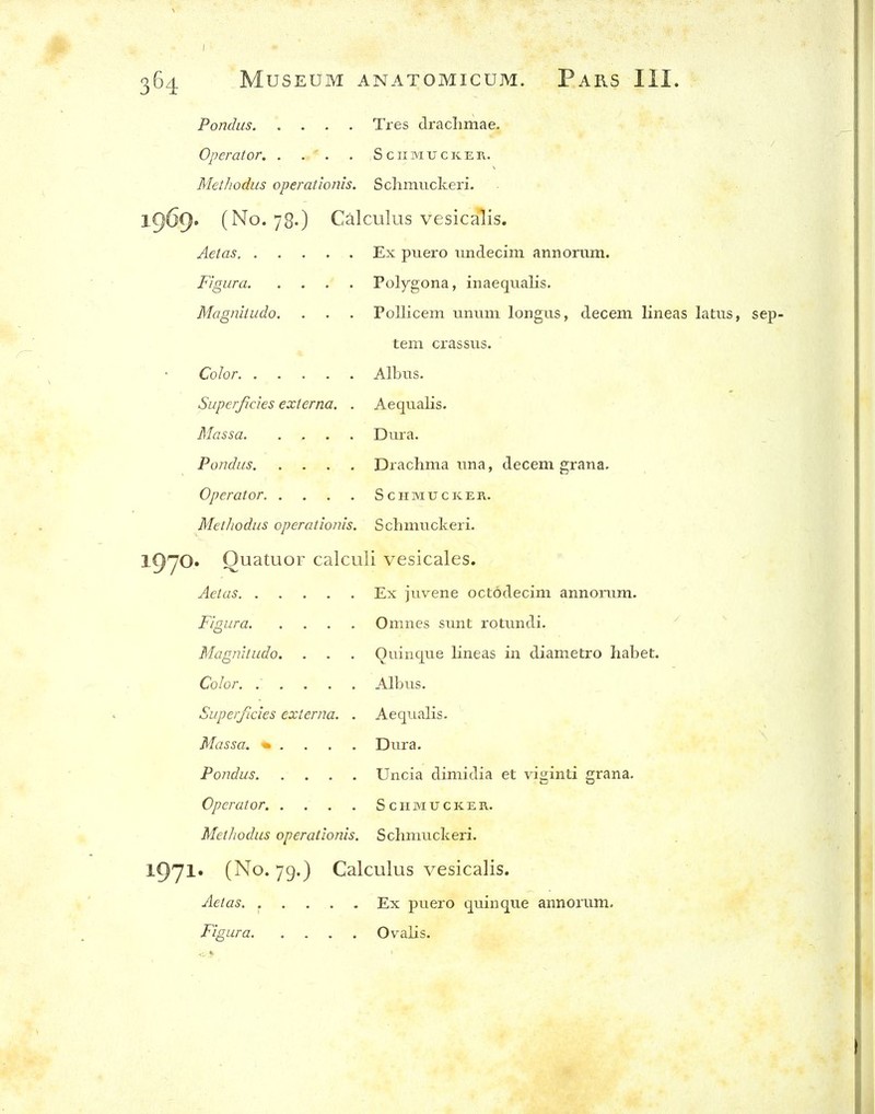 Pondus Ti-es Jraclimae. Operator. . . . . Sciimucker. Methodus operationis. Schmuclceri. 1969. (No. 78.) Calculus vesicalis. Aetas Ex puero iindecim annonim. Figura Polygona, inaeqiialis. Magnitudo. . . . Pollicem uniim longus, decern lineas latus, sep- tem crassus. Color Albiis. Superficies externa. . Aeqtialis. Massa Dura. Pondus Drachma una, decern grana. Operator S c h m u c ic e r. Methodus operatiojus. Schmuclceri. iQyO. QuatuoF calculi vesicales. Aetas Ex juvene octddecim annorum. Figura Omnes sunt rotundi. Magnitudo. . . . Quinque lineas in diametro habet. Color. ..... Albus. Superficies exterjia. . Aequalis. Massa. . . . . Dura. Pondus Uncia dimidia et viginti grana. Operator S c h m u c ic e r. Methodus operationis. Schmuckeri. 1971» (No. 79.) Calculus vesicalis, Aetas Ex puero quinque annorum. Figura Ov^alis.