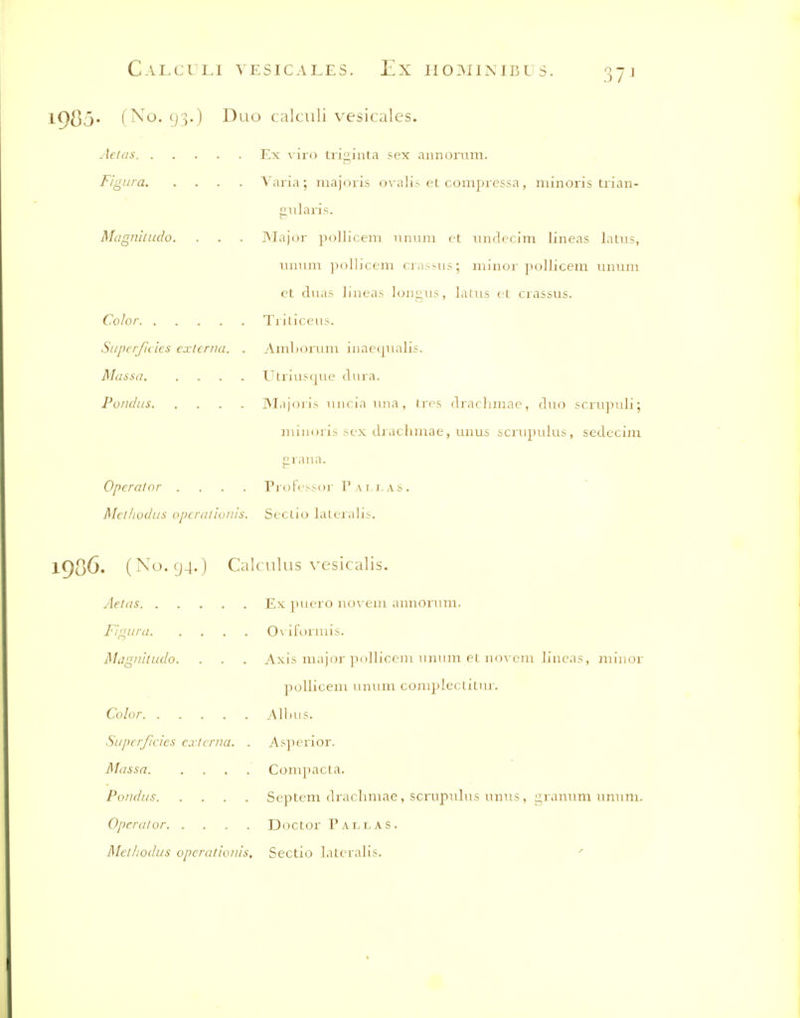 1905* (No. 93.) Duo calculi vesicales. Aetas Ex \'ir() triginta sex aunorum. Figura Varia ; niajoiis ovalia et compi essa, niinoris Liian- gulaiis. Magniliulo. . . . Major pollicem nnum ct uuflccim lineas latvis, mium pollicem crassiis; minor pollicem ximim et diias iiiieas longus, laius el crassus. Color Triliceus. Siiper/iiics externa. . Amltonim inaecpialis. Massa Utriusqiie dura. Pondus IMajoiis uiiciaiina, (res clraclimae, duo scnipiili; miiioris aex dj acluuae, unus scriipulus, secleciui prana. Operator .... Profcssoi- Pai.i.as. Methodus opcralionis. Seclio lateralis. 1986. (No. 94.) Calculus \'esicalis. Aetas Ex pvLcro novem aunorum. Figura 0\il\)rniis. Magnitudo. . . . Axis major ])(>lliceni unum eL uo\ em lineas, minor pollicem unum complecLiLur. Color Allius. Si/pcrficies externa. . Asperior. Massa Com J) acta. Pondus Septem drachmae, scrupulus unus, i2,ranuni unum. Operator Doctor Pallas.