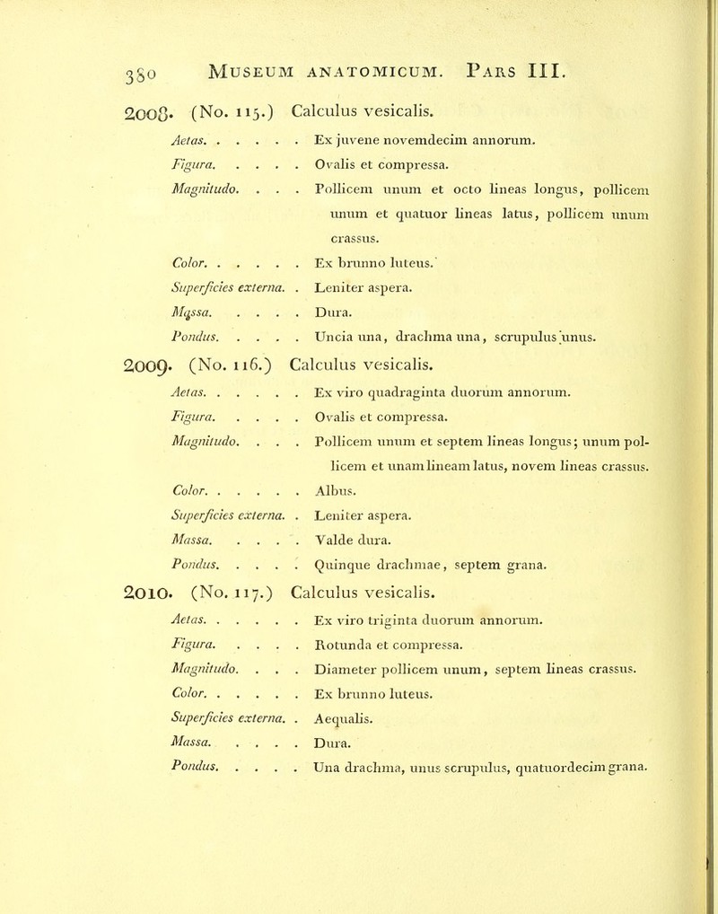 2008. (No. 115.) Calculus vesicalis. Aetas Ex juvene novemdecim annorum. Figiira 0\^alis et compressa. Magniludo. . . . Pollicem unum et octo lineas longus, pollicem iinum et qiiatuor lineas latus, pollicem tiniim crassus. Color Ex brunno luteus/ Superficies externa. . Leniter aspera. M^ssa Dura. Pondus Unciaiina, drachma una, scrupulus \inus. 2009* (No. 116.) Calculus vesicalis. Aetas Ex viro quadraginta duorum annorum. Figura Ovalis et compressa. Magnitude. . . . Pollicem ununi et septem lineas longiis; unum pol- licem et imamlineam latus, novem lineas crassus. Color Albus. Superficies externa. . Leniter aspera. Massa. . . . . Valde dura. Pondus. . , . . Quinque drachmae, septem grana. 2010. (No. 117.) Calculus vesicalis. Aetas Ex viro triginta duorum annorum. Figura Rotunda et compressa. Magnitude. . . . Diameter pollicem unum, septem lineas crassus. Color Ex brunno luteus. Superficies externa. . Aequalis. Massa Dura. Pondus Una drachma, unus scrupulus, quatuordecim grana.