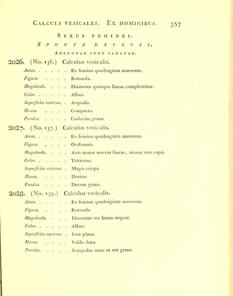 Sexus feminei. s p o n t e e x c l u s i, Aegrotae sunt sanatae. 2o26» (No. 136.) Calculus vesicalis. Act as Ex femina quadraginta annorum. F'lgura .... Rotunda. Magnitudo. . . . Diameter quinque lineas complectitur. Color Albtis. Superficies externa. . Aequalis. Mussa Compacta. Pondus Undecim £:rana. 2o27« ('^^' ^37-) Calculus vesicalis. Aetas Ex femina quadraginta annorum. F'lgura Oviformis. Magnitudo. . . . Axis major novem lineas, minor tres caj Color Triticeus. Superficies externa. . Magis crisp a. Mass a Durior. Pondus Decem grana. 2o28' (No. 138.) Calculus vesicalis. Aetas Ex femina quadraginta annorum. Figura. .... Fiotunda. Magnitudo. . . . Diameter sex lineas aequat. Color Albus. Superficies externa. . Fere plana. Massa Valde dura. Pondus. .... Scrupulus unus et sex grana.