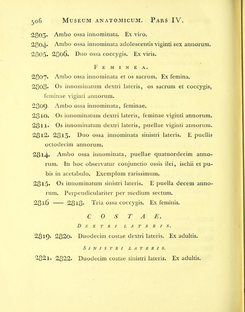 2303. Ambo ossa innominata. Ex viro. 28o4* Ambo ossa innominata adolescentis viginti sex annorum. 2o05» 2Co6. Duo ossa coccygis. Ex viris. F E M I N E A. 2O07. Ambo ossa innominata et os sacrum. Ex femina. 20o8' innominatum dextri lateris, os sacrum et coccygis, feminae viginti annorum. 2309- Ambo ossa innominata, feminae. 2310. Os innominatum dextri lateris, feminae viginti annorum. 2(3ll» Os innominatum dextri lateris, puellae viginti annorum. 2812. 28l3» Duo ossa innominata sinistri lateris. E puellis octodecim annorum. 28l4' Ambo ossa innominata, puellae quatuordecim anno- rum. In hoc observatur conjunctio ossis ilei, ischii et pu- bis in acetabulo. Exemplum rarissimum. 28l5» Os innominatum sinistri lateris. E puella decern anno- rum. Perpendiculariter per medium sectum. 2816 28l8' Tria ossa coccygis. Ex feminis. C 0 S T A E, Dextri lateris. 2819. 2820. Duodecim costae dextri lateris. Ex adultis. Sinistri LATERIS. 2821. 2822. Duodecim costae sinistri lateris. Ex adultis.