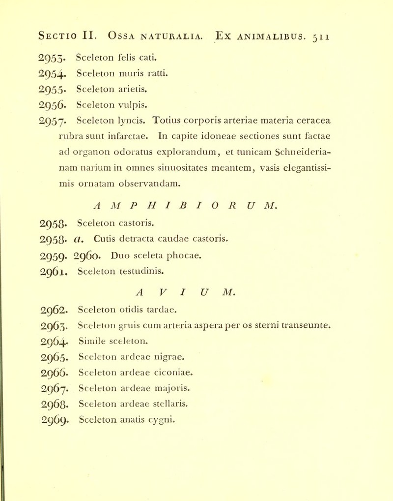 2955» Sceleton felis cati. 2954* Sceleton muris ratti. 2955* Sceleton arietis. 2956. Sceleton vulpis. 2957' Sceleton lyncis. Totius corporis arteriae materia ceracea rubra sunt infarctae. In capite idoneae sectiones sunt factae ad organon odoratus explorandum, et tunicam Schneideria- nam narium in omnes sinuositates meantem, vasis elegantissi- mis ornatam observandam. A M P H I B I 0 R U M, 2958* Sceleton castoris. 2958» CI' Cuds detracta caudae castoris. 2959. 2960. Duo sceleta phocae. 2961. Sceleton testudinis. A V I U M, 2962. Sceleton otidis tardae. 2963. Sceleton gruis cum arteria aspera per os sterni transeunte. 2964» Simile sceleton. 2965' Sceleton ardeae nigrae. 2966. Sceleton ardeae ciconiae. 2967. Sceleton ardeae majoris. 2968» Sceleton ardeae stellaris. 2969. Sceleton anatis cygni.