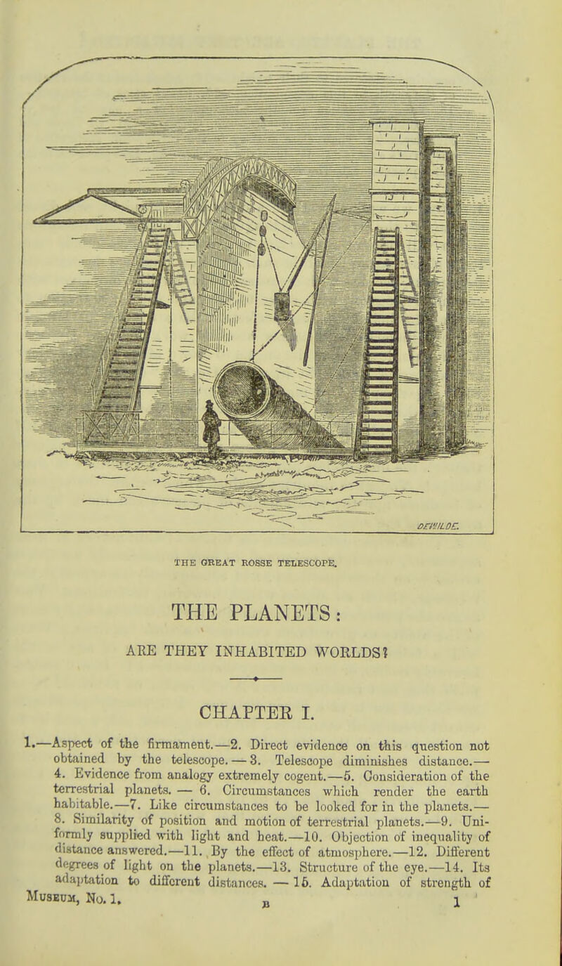 oaviLDC THE GREAT R0SSE TELESCOPE. THE PLANETS: ARE THEY INHABITED WORLDS \ CHAPTEE I. 1«—Aspect of the firmament.—2. Direct evidence on this question not obtained by the telescope. — 3. Telescope diminishes distance.— 4. Evidence from analogy extremely cogent.—5. Consideration of the terrestrial planets. — 6. Circumstances which render the earth habitable.—7. Like circumstances to be looked for in the planets.— 8. Similarity of position and motion of terrestrial planets.—9. Uni- formly supplied with light and heat.—10. Objection of inequality of distance answered.—11. By the effect of atmosphere.—12. Different degrees of light on the planets.—13. Structure of the eye.—14. Its adaptation to different distances.—16. Adaptation of strength of