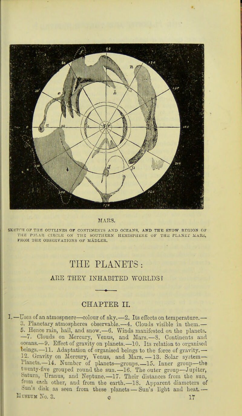 MAttS. SKETCH 07THK OUTLINES OF CONTINENTS AND OCEANS, AND THE SNOW REGION O? THE POLAR CIRCLE ON THE SOUTHERN HEMISPHERE OF THiS PLANET ilARS, KKOM HIE OBSERVATIONS OF MADLER. THE PLANETS: ARE THEY INHABITED WORLDS f CHAPTER II. 1.—Uses of an atmospnere—colour of sky.—2. Its effects on temperature.— 3. Planetary atmospheres observable.—4. Clouds visible in them.— 5. Hence rain, bail, and snow.—6. Winds manifested on the planets. —7. Clouds on Mercury, Venus, and Mars.—8. Continents and oceans.—9. Effect of gravity on planets.—10. It3 relation to organised beings.—11. Adaptation of organised beings to the force of gravity.— 12. Gravity on Mercury, Venus, and Mara.—13. Solar system— Planets.—14. Number of planets—groups 15. Inner group—the twenty-five grouped round the sun.—16. The outer group—Jupiter, Saturn, Uranus, and Neptune.—17. Their distances from the sun, from each other, and from the earth.—IS. Apparent diameters of •Sun's disk as seen from these planets — Suu'a light and heat.—