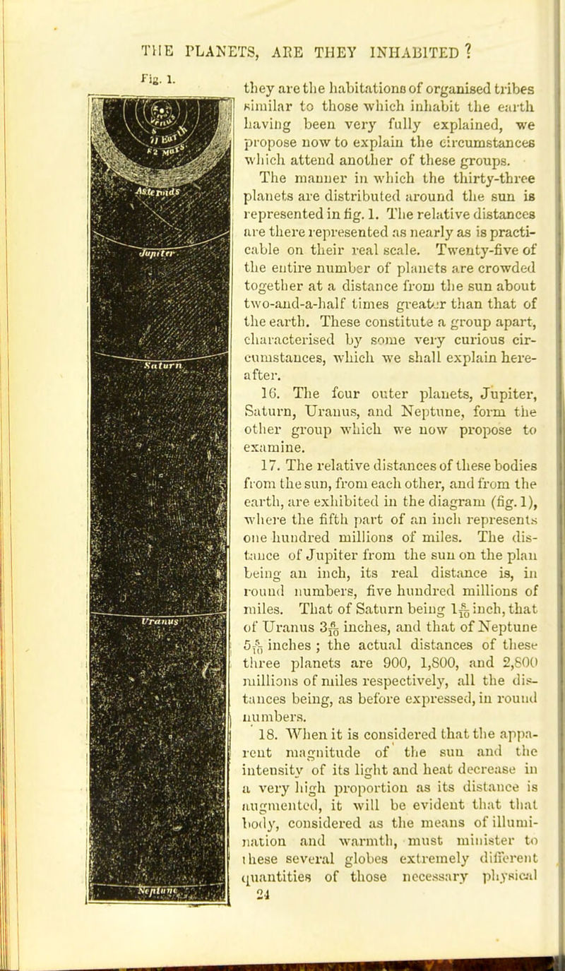 Fig. i. i . « ••; v. 10 ■■■■ /'->:r^ they are the habitations of organised tribes similar to those which inhabit the earth having been very fully explained, we propose now to explain the circumstances which attend another of these groups. The manner in which the thirty-three planets are distributed around the sun is represented in fig. 1. The relative distances are there represented as nearly as is practi- cable on their real scale. Twenty-five of the entire number of planets are crowded together at a distance from the sun about two-and-a-half times greater than that of the earth. These constitute a group apart, characterised by some very curious cir- cumstances, which we shall explain here- after. 16. The four outer planets, Jupiter, Saturn, Uranus, and Neptune, form the other group which we now propose to examine. 17. The relative distances of these bodies from the sun, from each other, and from the earth, are exhibited in the diagram (fig. 1), where the fifth part of an inch represents one hundred millions of miles. The dis- tance of Jupiter from the sun on the plan being an inch, its real distance is, in round numbers, five hundred millions of miles. That of Saturn being 1^ inch, that of Uranus 3jg inches, and that of Neptune Bf'u inches ; the actual distances of these three planets are 900, 1,S00, and 2,800 millions of miles respectively, all the dis- tances being, as before expressed, in round numbers. 18. When it is considered that the appa- rent magnitude of the sun and the intensitv of its light and heat decrease in a very high proportion as its distance is augmented, it will be evident that that body, considered as the means of illumi- nation and warmth, must minister to these several globes extremely different quantities of those necessary physical 2i 1 ' 1 _ Uranus : . .. >■-.. .•„>. . . vJ.-J>.