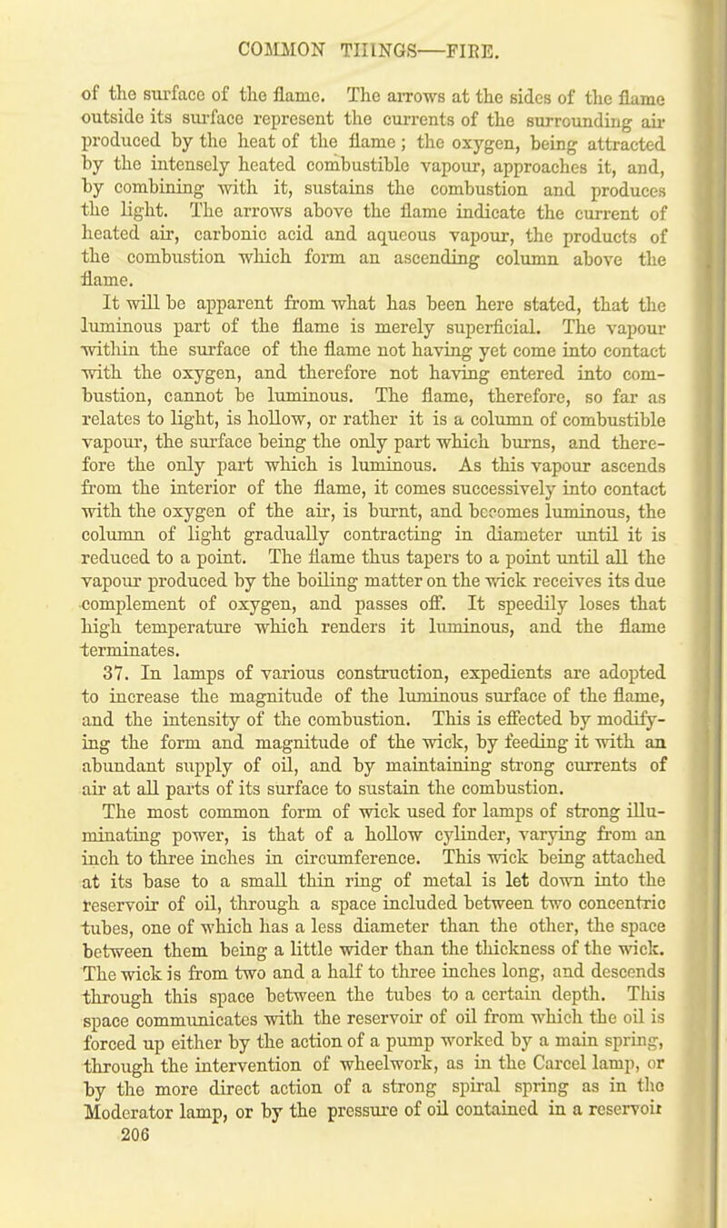 of the surface of the flame. The arrows at the 6idcs of the flame outside its surface represent the currents of the surrounding air produced by the heat of the flame; the oxygen, being attracted by the intensely heated combustible vapour, approaches it, and, by combining with it, sustains the combustion and produces the light. The arrows above the flame indicate the current of heated air, carbonic acid and aqueous vapour, the products of the combustion which form an ascending column above the flame. It will be apparent from what has been here stated, that the luminous part of the flame is merely superficial. The vapour within the surface of the flame not having yet come into contact with the oxygen, and therefore not having entered into com- bustion, cannot be luminous. The flame, therefore, so far as relates to light, is hollow, or rather it is a column of combustible vapour, the surface being the only part which burns, and there- fore the only part which is luminous. As this vapour ascends from the interior of the flame, it comes successively into contact with the oxygen of the air, is burnt, and becomes luminous, the column of light gradually contracting in diameter until it is reduced to a point. The flame thus tapers to a point until all the vapour produced by the boiling matter on the wick receives its due complement of oxygen, and passes off. It speedily loses that high temperature which renders it luminous, and the flame terminates. 37. In lamps of various construction, expedients are adopted to increase the magnitude of the luminous surface of the flame, and the intensity of the combustion. This is effected by modify- ing the form and magnitude of the wick, by feeding it with an abundant supply of oil, and by maintaining strong currents of air at all parts of its surface to sustain the combustion. The most common form of wick used for lamps of strong illu- minating power, is that of a hollow cylinder, varying from an inch to three inches in circumference. This wick being attached at its base to a small thin ring of metal is let down into the reservoir of oil, through a space included between two concentric tubes, one of which has a less diameter than the other, the space between them being a little wider than the thickness of the wick. The wick is from two and a half to three inches long, and descends through this space between the tubes to a certain depth. This space communicates with the reservoir of oil from which the oil is forced up either by the action of a pump worked by a main spring, through the intervention of wheelwork, as in the Carcel lamp, or by the more direct action of a strong spiral spring as in the Moderator lamp, or by the pressure of oil contained in a reservoir