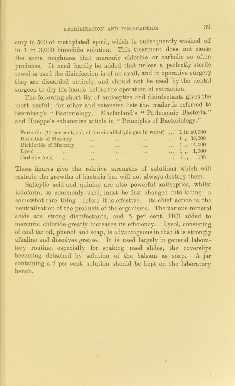 cury in 500 of methylated spirit, which is subsequently washed off in 1 in 3,000 biniodide solution. This treatment does not cause the same roughness that mercuric chloride or carbolic so often produces. It need hardly be added that unless a perfectly sterile towel is used the disinfection is of no avail, and in operative surgery they are discarded entirely, and should not be used by the dental surgeon to dry his hands before the operation of extraction. The following short list of antiseptics and disinfectants gives the most useful; for other and extensive lists the reader is referred to Sternberg’s “Bacteriology,” Macfarland’s “Pathogenic Bacteria,” and Hueppe’s exhaustive article in “ Principles of Bacteriology.” Formalin (40 per cent. sol. of formic aldehyde gas in water) Biniodide of Mercury Bichloride of Mercury Lysol ... Carbolic Acid 1 in 40,000 1 „ 35,000 1 „ 14,000 1 „ 1,000 1 „ 133 These figures give the relative strengths of solutions which will restrain the growths of bacteria but will not always destroy them. Salicylic acid and quinine are also powerful antiseptics, whilst iodoform, so commonly used, must be first changed into iodine—a somewhat rare thing—before it is effective. Its chief action is the neutralisation of the products of the organisms. The various mineral acids are strong disinfectants, and 5 per cent. HC1 added to mercuric chloride greatly increases its efficiency. Lysol, consisting of coal tar oil, phenol and soap, is advantageous in that it is strongly alkaline and dissolves grease. It is used largely in general labora- tory routine, especially for soaking used slides, the coverslips becoming detached by solution of the balsam as soap. A jar containing a 2 per cent, solution should be kept on the laboratory bench.