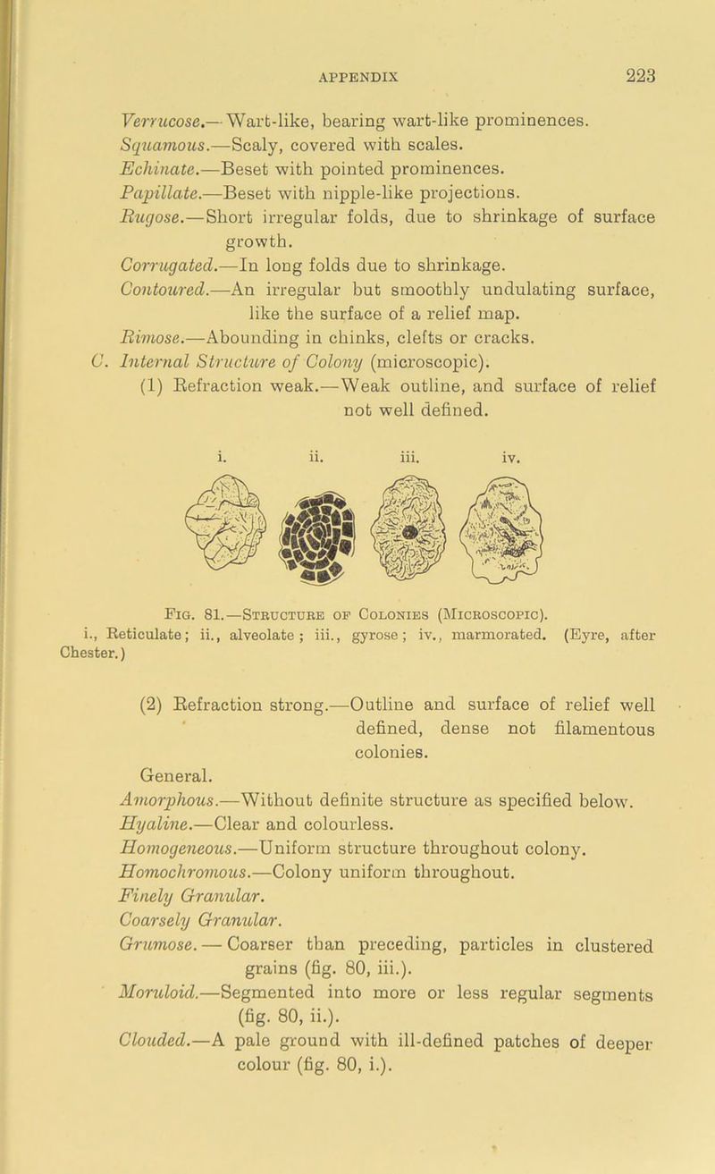 Verrucose.— Wart-like, bearing wart-like prominences. Squamous.—Scaly, covered with scales. Echinate.—Beset with pointed prominences. Papillate.—Beset with nipple-like projections. Rugose.—Short irregular folds, due to shrinkage of surface growth. Corrugated.—In long folds due to shrinkage. Contoured.—An irregular but smoothly undulating surface, like the surface of a relief map. Rimose.—Abounding in chinks, clefts or cracks. C. Internal Structure of Colony (microscopic). (1) Refraction weak.—Weak outline, and surface of relief not well defined. i. ii. iii. iv. Fig. 81.—Structure of Colonies (Microscopic). i., Reticulate; ii., alveolate; iii., gyrose; iv., marmorated. (Eyre, after Chester.) (2) Refraction strong.—Outline and surface of relief well defined, dense not filamentous colonies. General. Amorphous.—Without definite structure as specified below. Hyaline.—Clear and colourless. Homogeneous.—Uniform structure throughout colony. Homochromous.—Colony uniform throughout. Finely Granular. Coarsely Granular. Grumose. — Coarser than preceding, particles in clustered grains (fig. 80, iii.). Moruloul.—Segmented into more or less regular segments (fig. 80, ii.). Clouded.—A pale ground with ill-defined patches of deeper colour (fig. 80, i.).