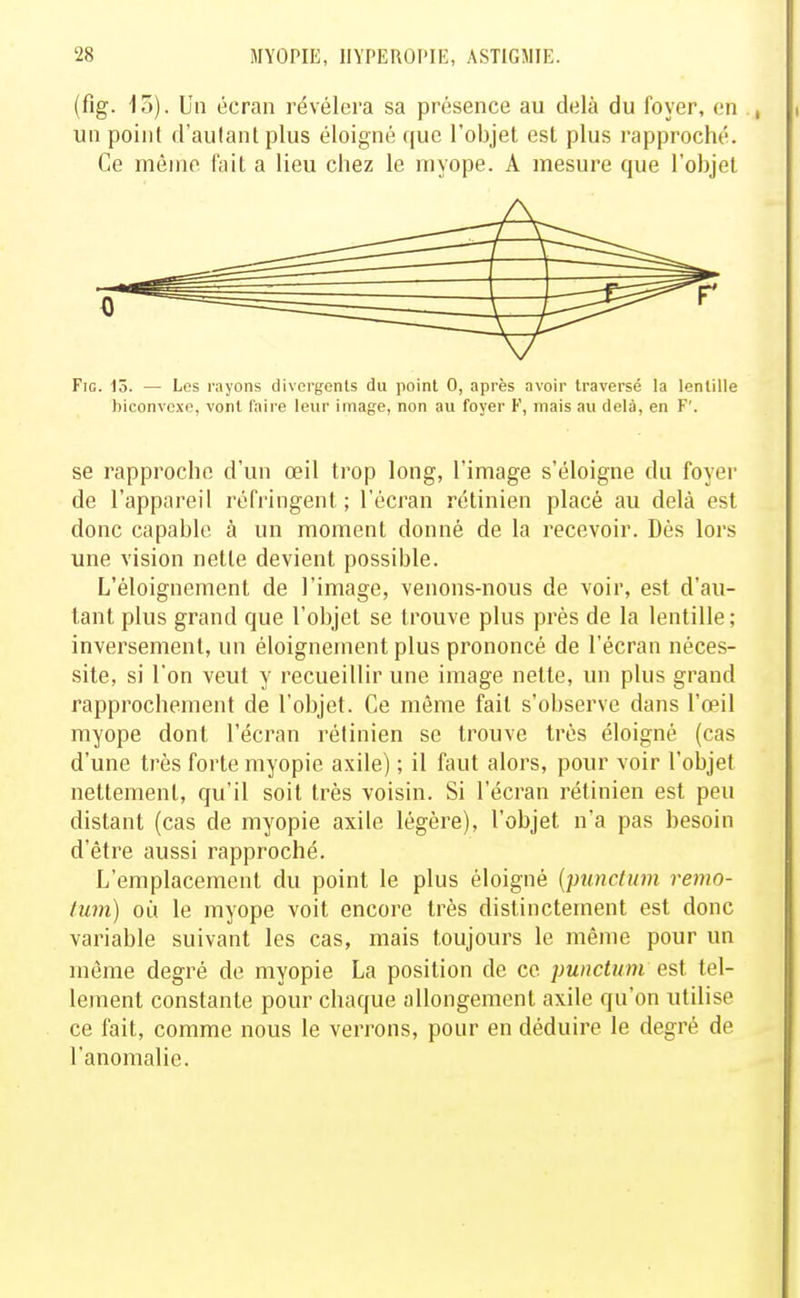 (fig. 13). Un écran révélera sa présence au delà du foyer, en un point d'autanl plus éloigné que l'objet est plus rapproché. Ce même fait a lieu chez le myope. A mesure que l'objet Fig. 13. — Les rayons divergents du point 0, après avoir traversé la lentille biconvexe, vont faire leur image, non au foyer F, mais au delà, en F'. se rapproche d'un œil trop long, l'image s'éloigne du foyer de l'appareil réfringent ; l'écran rétinien placé au delà est donc capable à un moment donné de la recevoir. Dès lors une vision nette devient possible. L'éloignement de l'image, venons-nous de voir, est d'au- tant plus grand que l'objet se trouve plus près de la lentille ; inversement, un éloignement plus prononcé de l'écran néces- site, si l'on veut y recueillir une image nette, un plus grand rapprochement de l'objet. Ce môme fait s'observe dans l'œil myope dont l'écran rétinien se trouve très éloigné (cas d'une très forte myopie axile) ; il faut alors, pour voir l'objet nettement, qu'il soit très voisin. Si l'écran rétinien est peu distant (cas de myopie axile légère), l'objet n'a pas besoin d'être aussi rapproché. L'emplacement du point le plus éloigné [punctiim remo- limi) où le myope voit encore très distinctement est donc variable suivant les cas, mais toujours le même pour un même degré de myopie La position de ce punctum est tel- lement constante pour chaque allongement axile qu'on utilise ce fait, comme nous le verrons, pour en déduire le degré de l'anomalie.