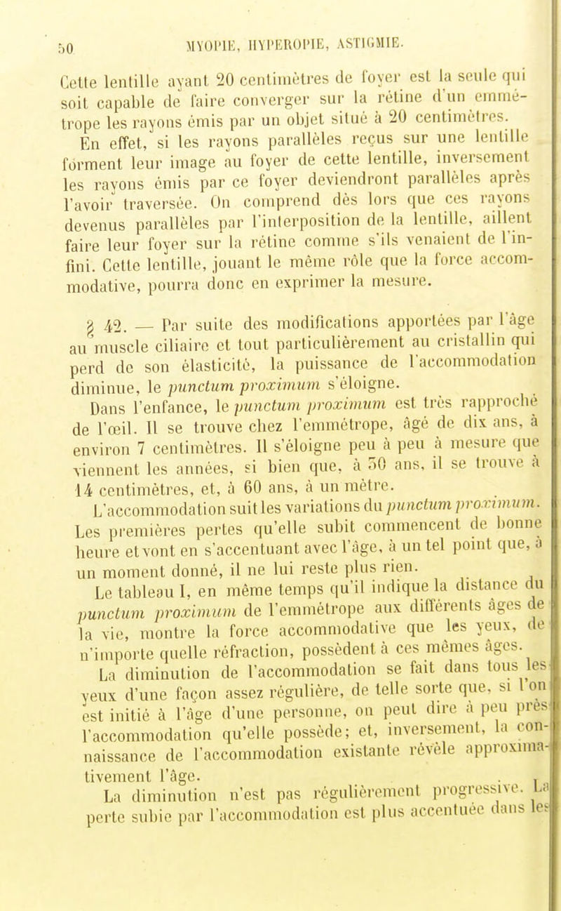 Cette lentille ayant 20 centimètres de loyer est la seule qui soit capable de faire converger sur la rétine d'un emmé- trope les rayons émis par un objet situé à 20 centimètres. En effet, si les rayons parallèles reçus sur une lentille forment leur image au foyer de cette lentille, inversement les rayons émis par ce foyer deviendront parallèles après l'avoir traversée. On comprend dès lors que ces rayons devenus parallèles par l'interposition de la lentille, aillent faire leur foyer sur la réline comme s'ils venaient de l'in- fini. Cette lentille, jouant le même rôle que la force accom- modative, pourra donc en exprimer la mesure. 42. _ Par suite des modifications apportées par l'âge au muscle ciliaire et tout particulièrement au cristallin qui perd do son élasticité, la puissance de l'accommodation diminue, le punctum proximiim s'éloigne. Dans l'enfance, le punctum proximum est très rapproché de l'œil. 11 se trouve chez l'emmétrope, âgé de dix ans, à environ 7 centimètres. Il s'éloigne peu à peu à mesure que viennent les années, si bien que, à 50 ans, il se trouve a 14 centimètres, et, à 60 ans, à un mètre. L'accommodation suit les variations du punctum proximum. Les premières pertes qu'elle subit commencent de bonne heure et vont en s'accentuant avec l'àgc, à un tel point que, a un moment donné, il ne lui reste plus rien. Le tableau I, en même temps qu'il indique la distance du punctum proximum de l'emmétrope aux différents âges de la vie, montre la force accommodative que les yeux, de n'importe quelle réfraction, possèdent à ces mêmes âges. La diminution de l'accommodation se fait dans tous les yeux d'une façon assez régulière, de telle sorte que, si l on est initié à l'âge d'une personne, on peut dire a peu près l'accommodation qu'elle possède; et, inversement, la con- naissance de l'accommodation existante révèle approxima tivement l'âge. . , La diminution n'est pas régulièrement progressive. La perte subie par l'accommodation est plus accentuée dans les