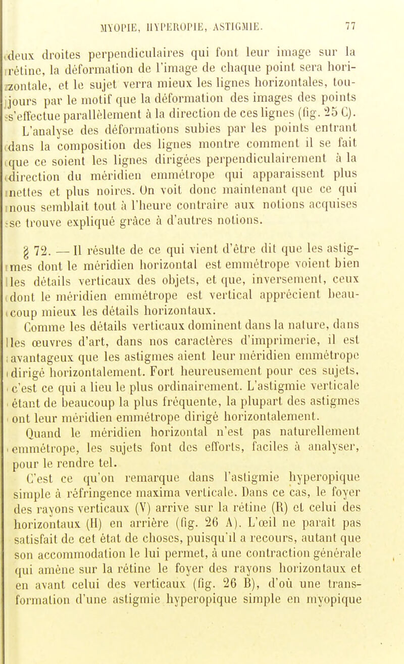 (deux droites perpendiculaires qui font leur image sur la 1 rétine, la déformation de l'image de chaque point sera hori- .•zontale, et le sujet verra mieux les lignes horizontales, tou- 1 jours par le motif que la déformation des images des points -s'effectue parallèlement à la direction de ces Ugnes (fig. 25 C). L'analyse des déformations subies par les points entrant .dans la composition des lignes montre comment il se fait (que ce soient les lignes dirigées perpendiculairement à la (direction du méridien emmétrope qui apparaissent plus mettes et plus noires. Un voit donc maintenant que ce qui mous semblait tout à l'heure contraire aux notions acquises ;se trouve expliqué grâce à d'autres notions. g 72. — Il résulte de ce qui vient d'être dit que les aslig- rmes dont le méridien horizontal est emmétrope voient bien Iles détails verticaux des objets, et que, inversement, ceux (dont le méridien emmétrope est vertical apprécient heau- icoup mieux les détails horizontaux. Comme les détails verticaux dominent dans la nalure, dans Iles œuvres d'art, dans nos caractères d'imprimerie, il est ; avantageux que les astigmes aient leur méridien emmétrope I dirigé horizontalement. Fort heureusement pour ces sujets. ' c'est ce qui a lieu le plus ordinairement. L'astigmie verticale étant de beaucoup la plus fréquente, la plupart des astigmes ont leur méridien emmétrope dirigé horizontalement. Quand le méridien horizontal n'est pas naturellement emmétrope, les sujets font des efforts, faciles à analyser, pour le rendre tel. C'est ce qu'on remarque dans l'astigmie hyperopique simple à réfringence inaxima verticale. Dans ce cas, le foyer des rayons verticaux (V) arrive sur la rétine (R) et celui des horizontaux (H) en arrière (dg. 26 A). L'œil ne parait pas satisfait de cet état de choses, puisqu'il a recours, autant que son accommodation le lui permet, à une contraction générale qui amène sur la rétine le foyer des rayons horizontaux et en avant celui des verticaux (fig. 26 B), d'où une trans- formation d'une astigmie hyperopique simple en myopique