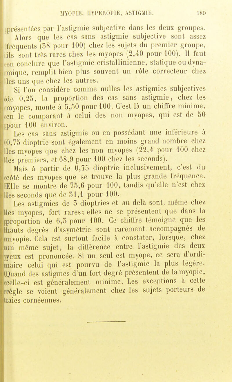 ^présentées par l'astigmie subjective dans les deux groupes. Alors que les cas sans astigmie subjective sont assez l'fréquents (38 pour 100) chez les sujets du premier groupe, iils sont très rares chez les myopes (2,40 pour 100). Il faut t'en conclure que l'astigmie cristallinienne, statique ou dyna- mique, remplit bien plus souvent un rôle correcteur chez lies uns que chez les autres. Si l'on considère comme nulles les astigmies subjectives dde 0,25, la proportion des cas sans astigmie, chez les nmyopes, monte à 5,50 pour 100. C'est là un chiffre minime, een le comparant à celui des non myopes, qui est de 50 fpour 100 environ. Les cas sans astigmie ou en possédant une inférieure à (10,75 dioptrie sont également en moins grand nombre chez lies myopes que chez les non myopes (22,4 pour 100 chez Iles premiers, et 68,9 pour 100 chez les seconds). Mais à partir de 0,75 dioptrie inclusivement, c'est du ccôté des myopes que se trouve la plus grande fréquence. EElle se montre de 75,6 pour 100, tandis qu'elle n'est chez Mes seconds que de 31,1 pour 100. Les astigmies de o dioptries et au delà sont, même chez Ues myopes, fort rares; elles ne se présentent que dans la pproportion de 6,5 pour 100. Ce chiffre témoigne que les Uiauts degrés d'asymétrie sont rarement accompagnés de myopie. Cela est surtout facile à constater, lorsque, chez uin même sujet, la différence entre l'astigmie des deux jyeux est prononcée. Si un seul est myope, ce sera d'ordi- nnaire celui qui est pourvu de l'astigmie la plus légère. QQuand des astigmes d'un fort degré présentent de la myopie, ccelle-ci est généralement minime. Les exceptions à cette rrègle se voient généralement chez les sujets porteurs de Itaies cornéennes.