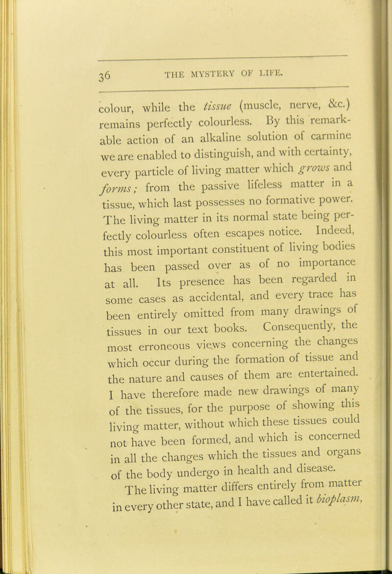 colour, while the tissue (muscle, nerve, &c.) remains perfectly colourless. By this remark- able action of an alkaline solution of carmine we are enabled to distinguish, and with certainty, every particle of living matter which grows forms; from the passive lifeless matter in a tissue, which last possesses no formative power. The living matter in its normal state being per- fectly colourless often escapes notice. Indeed, this most important constituent of living bodies has been passed over as of no importance at all. Its presence has been regarded in some cases as accidental, and every trace has been entirely omitted from many drawings of tissues in our text books. Consequently, the most erroneous views concerning the changes which occur during the formation of tissue and the nature and causes of them are entertained. I have therefore made new drawings of many of the tissues, for the purpose of showing this living matter, without which these tissues could not have been formed, and which is concerned in all the changes which the tissues and organs of the body undergo in health and disease. The living matter differs entirely from matter in every other state, and I have called it bioplasm.