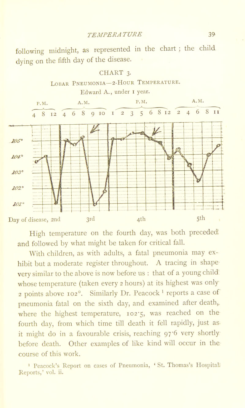 following midnight, as represented in the chart ; the child- dying on the fifth day of the disease. CHART 3. Lobar Pneumonia—2-Hour Temperature. Edward A., under I year. P.M. A.M. P.M. A.M. Day of disease, 2nd 3rd 4th Sth High temperature on the fourth day, was both preceded and followed by what might be taken for critical fall. With children, as with adults, a fatal pneumonia may ex- hibit but a moderate register throughout. A tracing in shape- very similar to the above is now before us : that of a young child' whose temperature (taken every 2 hours) at its highest was only 2 points above 102°. Similarly Dr. Peacock' reports a case of pneumonia fatal on the sixth day, and examined after death,, where the highest temperature, 102-5, was reached on the fourth day, from which time till death it fell rapidly, just as. it might do in a favourable crisis, reaching 97-6 very shortly before death. Other examples of like kind will occur in the course of this work. ' Peacock's Report on cases of Pneumonia, ' St. Thomas's Hospitall Reports,' vol. ii.