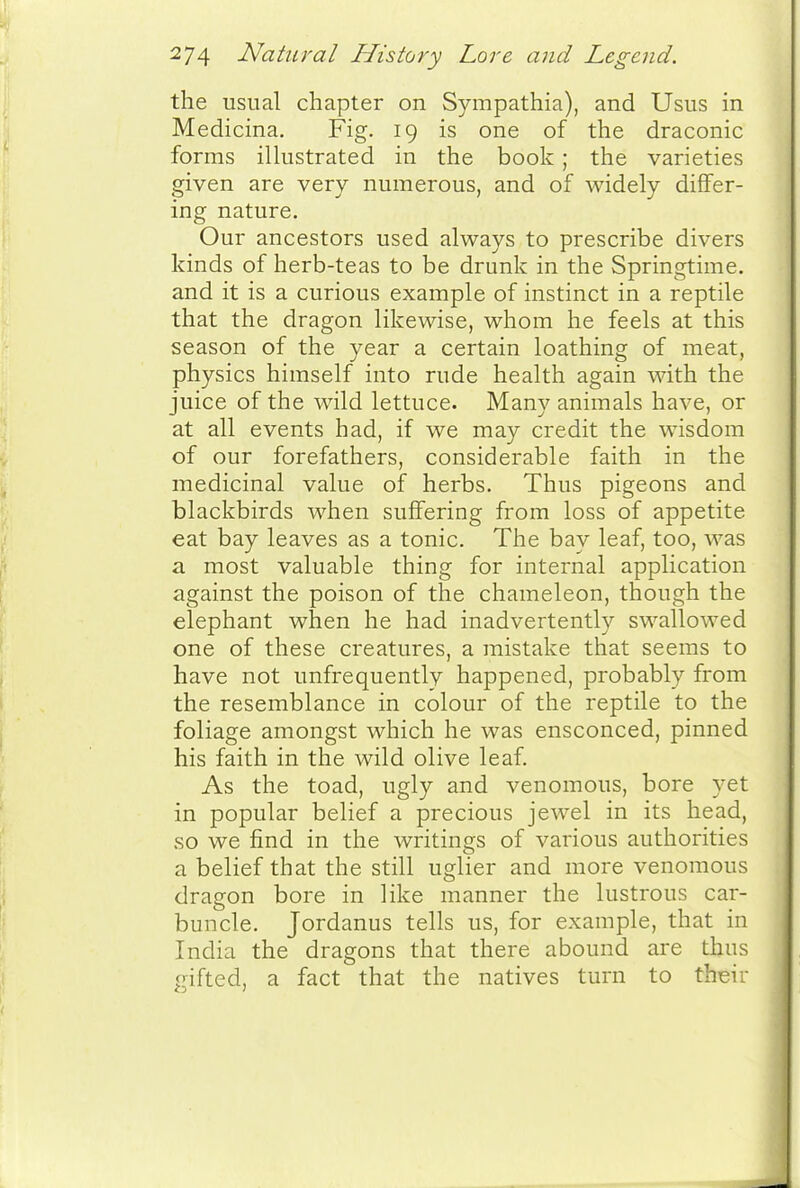 the usual chapter on Sympathia), and Usus in Medicina. Fig. 19 is one of the draconic forms ilkistrated in the book ; the varieties given are very numerous, and of widely differ- ing nature. Our ancestors used always to prescribe divers kinds of herb-teas to be drunk in the Springtime, and it is a curious example of instinct in a reptile that the dragon likewise, whom he feels at this season of the year a certain loathing of meat, physics himself into rude health again with the juice of the wild lettuce. Many animals have, or at all events had, if we may credit the wisdom of our forefathers, considerable faith in the medicinal value of herbs. Thus pigeons and blackbirds when suffering from loss of appetite eat bay leaves as a tonic. The bay leaf, too, was a most valuable thing for internal application against the poison of the chameleon, though the elephant when he had inadvertently swallowed one of these creatures, a mistake that seems to have not unfrequentlv happened, probably from the resemblance in colour of the reptile to the foliage amongst which he was ensconced, pinned his faith in the wild olive leaf. As the toad, ugly and venomous, bore yet in popular belief a precious jewel in its head, so we find in the writings of various authorities a belief that the still uglier and more venomous dragon bore in like manner the lustrous car- buncle. Jordanus tells us, for example, that in India the dragons that there abound are thus gifted, a fact that the natives turn to their