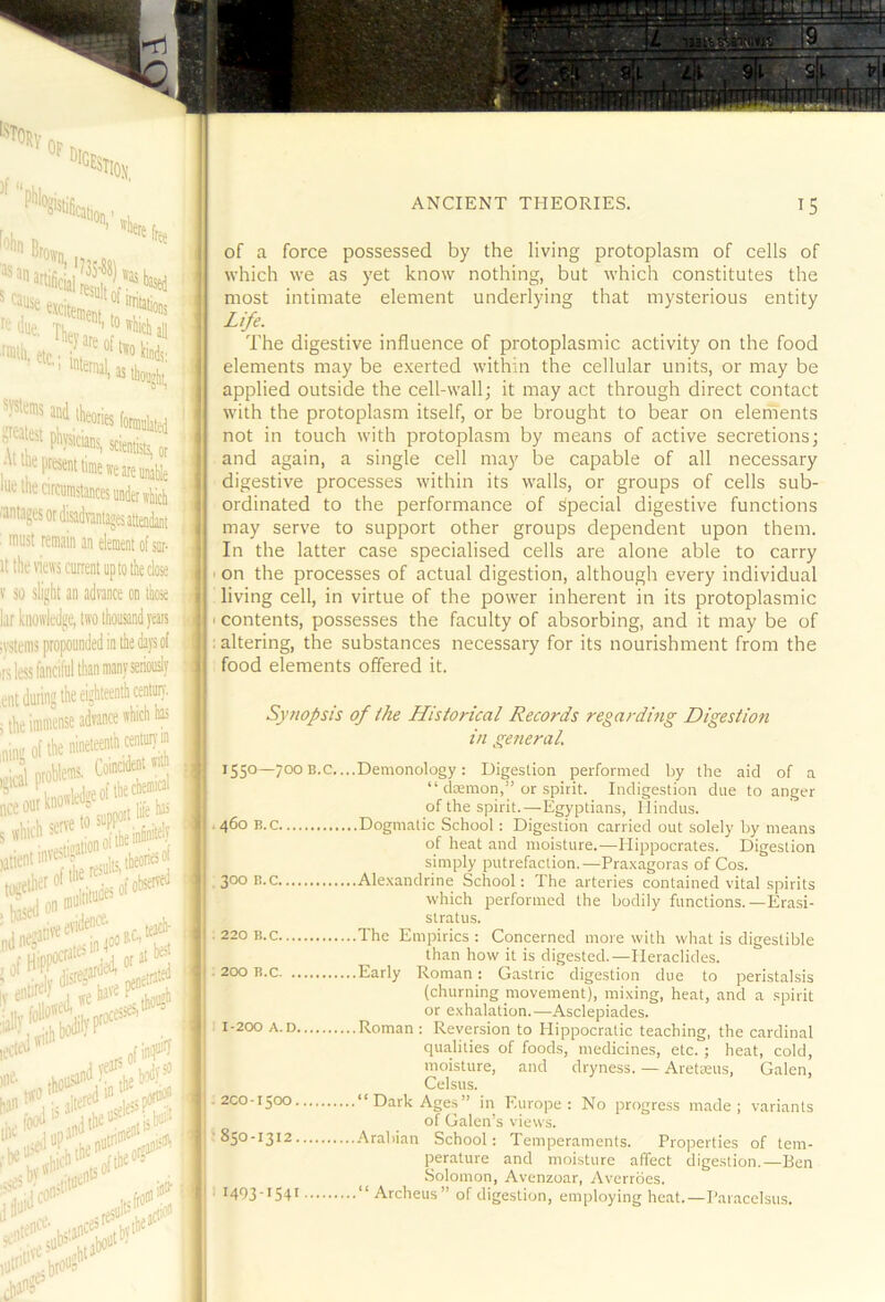 ■'I'n Bn “Vs fown, fife Thfv.r “''*'‘''>511 fffiih etn ■ ' '^^•1 internal, ^ys^enis and physician^ icS, or ‘^epresenttimewearenolble lue the circumstances Mdet which '■antagesordisadvantageattendant : must remain an dement o( ^!ir. It the views current up to the dose V so slight an advance on those lar knowledge, two thousand years ;vstenis propounded in the days of fs less fanciful than many seriously ,ent during the eighteenth century. i the immense advance which has ,„in. of the nineteenth KntuT)'in urnhlems, Coincident wiA igical proDl , r Aj fgeinical nceoutknowled»e»f 5 which serve . |j|,jin6nitely »''^'’'t£re5uhMhe«'’®j ;0fW5 two ’%.,ed 1“ rtwnoit th^'^upJ^%ea‘ aflum ^ rand®' of a force possessed by the living protoplasm of cells of which we as yet know nothing, but which constitutes the most intimate element underlying that mysterious entity Life. The digestive influence of protoplasmic activity on the food elements may be exerted within the cellular units, or may be applied outside the cell-wall; it may act through direct contact with the protoplasm itself, or be brought to bear on elements not in touch with protoplasm by means of active secretions; and again, a single cell may be capable of all necessary digestive processes within its walls, or groups of cells sub- ordinated to the performance of special digestive functions may serve to support other groups dependent upon them. In the latter case specialised cells are alone able to carry ' on the processes of actual digestion, although every individual living cell, in virtue of the power inherent in its protoplasmic I contents, possesses the faculty of absorbing, and it may be of : altering, the substances necessary for its nourishment from the food elements offered it. Sy?iopsis of ihe Historical Records regarding Digestion in general. 1550—700 B.c....Demonology : Digestion performed by the aid of a “ daemon,” or spirit. Indigestion due to anger of the spirit.—Egyptians, Hindus. • 460 B.c Dogmatic School; Digestion carried out solely by means of heat and moisture.—Hippocrates. Digestion simply putrefaction.—Praxagoras of Cos. ,300 B.c Alexandrine School: The arteries contained vital spirits which performed the bodily functions.—Erasi- stratus. ■ 220 B.c The Empirics : Concerned more with what is digestible than how it is digested.—Heraclides. • 200 B.c Early Roman : Gastric digestion due to peristalsis (churning movement), mixing, heat, and a spirit or exhalation.—Asclepiades. 1-200 A.D Roman; Reversion to Hippocratic teaching, the cardinal qualities of foods, medicines, etc. ; heat, cold, moisture, and dryness. — Aretaeus, Galen, Celsus. .200-1500 “Dark Ages” in Europe: No progress made; variants of Galen’s views. •850-1312 .Arabian School: Temperaments. Properties of tem- perature and moisture affect digestion.—Ben Solomon, Avenzoar, Averroes. t493'*54t “ Archeus” of digestion, employing heat.—Paracelsus.