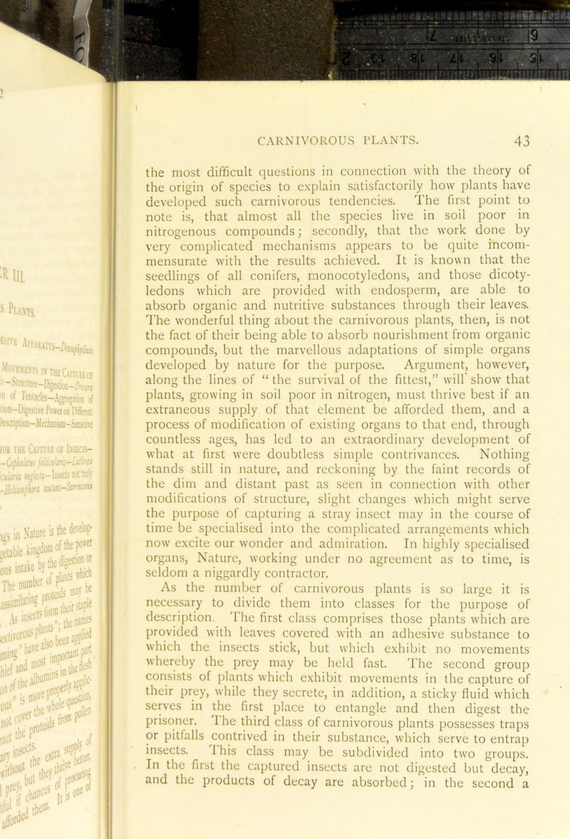 ■R III. ^ Punts. ■'•ovemexts i.VTUECvn-ttor •n of Tenlicles-.4gi^iioii of IKM-Digesliie Power on Difeat IisaiplioQ-lleciiaiiiaD-jetaiK FOR THE CaPTHE OF I-XSECri- -Ctfkkus ftHiiakris-Mm iiuiiriii «j'f(i/a-ln>ecUiiottnilr -Hdmfhn nm-Smuu the most difficult questions in connection with the theory of the origin of species to e.xplain satisfactorily how plants have developed such carnivorous tendencies. The first point to note is, that almost all the species live in soil poor in nitrogenous compounds; secondly, that the work done by very complicated mechanisms appears to be quite incom- mensurate with the results achieved. It is known that the seedlings of all conifers, monocotyledons, and those dicoty- ledons which are provided with endosperm, are able to absorb organic and nutritive substances through their leaves. The wonderful thing about the carnivorous plants, then, is not the fact of their being able to absorb nourishment from organic compounds, but the marvellous adaptations of simple organs developed by nature for the purpose. Argument, however, along the lines of “ the survival of the fittest,” will' show that plants, growing in soil poor in nitrogen, must thrive best if an extraneous supply of that element be afforded them, and a process of modification of existing organs to that end, through countless ages, has led to an extraordinary development of what at first were doubtless simple contrivances. Nothing stands still in nature, and reckoning by the faint records of the dim and distant past as seen in connection with other modifications of structure, slight changes which might serve the purpose of capturing a stray insect may in the course of time be specialised into the complicated arrangements which now excite our xvonder and admiration. In highly specialised organs. Nature, working under no agreement as to time, is seldom a niggardly contractor. As the number of carnivorous plants is so large it is necessary to divide them into classes for the purpose of description. The first class comprises those plants which are provided xvith leaves covered xvith an adhesive substance to which the insects stick, but which exhibit no movements whereby the prey may be held fast. The second group consists of plants which exhibit movements in the capture of their prey, while they secrete, in addition, a sticky fluid which serves in the first place to entangle and then digest the prisoner. The third class of carnivorous plants possesses traps or pitfalls contrived in their substance, which serve to entrap insects. Phis class may be subdivided into two groups. In the first the captured insects are not digested but decay, and the products of decay are absorbed j in the second a