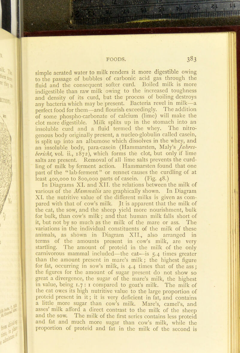 simple aerated water to milk renders it more digestible owing to the passage of bubbles of carbonic acid gas through the fluid and the consequent softer curd. Boiled milk is more indigestible than raw milk owing to the increased toughness and density of its curd, but the process of boiling destroys any bacteria which may be present. Bacteria revel in milk—a perfect food for them—and flourish exceedingly. The addition of some phospho-carbonate of calcium (lime) will make the clot more digestible. Milk splits up in the stomach into an insoluble curd and a fluid termed the whey. The nitro- genous body originally present, a nucleo-globulin called casein, is split up into an albumose which dissolves in the whey, and an insoluble body, para-casein (Hammarsten, Maly’s Jahres- bericht, vol. ii., 1872), which forms the clot, but only if lime salts are present. Removal of all lime salts prevents the curd- ling of milk by ferment action. Hammarsten found that one part of the “lab-ferment” or rennet causes the curdling of at least 400,000 to 800,000 parts of casein. (Fig. 48.) In Diagrams XI. and XII. the relations between the milk of various of the Mammalia are graphically shown. In Diagram Xr. the nutritive value of the different milks is given as com- pared with that of cow’s milk. It is apparent that the milk of the cat, the sow, and the sheep yield more nourishment, bulk for bulk, than cow’s milk ; and that human milk falls short of it, but not by so much as the milk of the mare or ass. The variations in the individual constituents of the milk of these animals, as shown in Diagram XII., also arranged in terms of the amounts present in cow’s milk, are very startling. The amount of proteid in the milk of the only carnivorous mammal included—the cat—is 5.4 times greater than the amount present in mare’s milk; the highest figure for fat, occurring in sow’s milk, is 4.4 times that of the ass; the figures for the amount of sugar present do not show so great a divergence, the sugar of the mare’s milk, the highest in value, being 1.7 : i compared to goat’s milk. The milk of the cat owes its high nutritive value to the large proportion of proteid present in it; it is very deficient in fat, and contains a little more sugar than cow’s milk. Mare’s, camel’s, and asses’ milk afford a direct contrast to the milk of the sheep j and the sow. The milk of the first series contains less proteid and fat and much more sugar than cow’s milk, while the proportion of proteid and fat in the milk of the second is I 11 i I