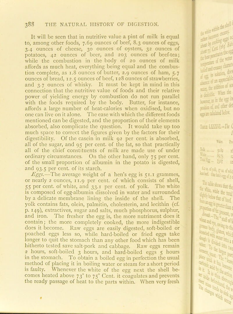 It will be seen that in nutritive value a pint of milk is equal to, among other foods, 7.69 ounces of beef, 8.3 ounces of eggs, 3.4 ounces of cheese, 30 ounces of oystens, 32 ounces of potatoes, 42 ounces of beer, and 203 ounces of beef-tea; while the combustion in the body of 20 ounces of milk affords as much heat, everything being equal and the combus- tion complete, as 1.8 ounces of butter, 2.9 ounces of ham, 5.7 ounces of bread, 12.5 ounces of beef, 128 ounces of strawberries, and 3.7 ounces of whisky. It must be kept in mind in this connection that the nutritive value of foods and their relative power of yielding energy by combustion do not run parallel with the foods required by the body. Butter, for instance, affords a large number of heat-calories when oxidised, but no one can live on it alone. The ease with which the different foods mentioned can be digested, and the proportion of their elements absorbed, also complicate the question. It would take up too much space to correct the figures given by the factors for their digestibility. Of the casein in milk 92 per cent, is absorbed, all of the sugar, and 95 per cent, of the fat, so that practically all of the chief constituents of milk are made use of under ordinary circumstances. On the other hand, only 75 per cent, of the small proportion of albumin in the potato is digested, and 93.5 per cent, of its starch. Eggs.—The average weight of a hen’s egg is 51.1 grammes, or nearly 2 ounces, 11.9 per cent, of which consists of shell, 55 percent, of white, and 33.1 per cent, of yolk. The white is composed of egg-albumin dissolved in water and surrounded by a delicate membrane lining the inside of the shell. The yolk contains fats, olein, palmitin, cholesterin, and lecithin (cf. p. 149), extractives, sugar and salts, much phosphorus, sulphur, and iron. The fresher the egg is, the more nutriment does it contain; the more completely cooked, the more indigestible does it become. Raw eggs are easily digested, soft-boiled or poached eggs less so, while hard-boiled or fried eggs take longer to quit the stomach than any other food which has been hitherto tested save salt-pork and cabbage. Raw eggs remain 2 hours, soft-boiled 3 hours, and hard-boiled eggs 5 hours in the stomach. To obtain a boiled egg in perfection the usual method of placing it in boiling water or steam for a short period is faulty. Whenever the white of the egg next the shell be- comes heated above 73° to 75° Cent, it coagulates and prevents the ready passage of heat to the parts within. When very fresh