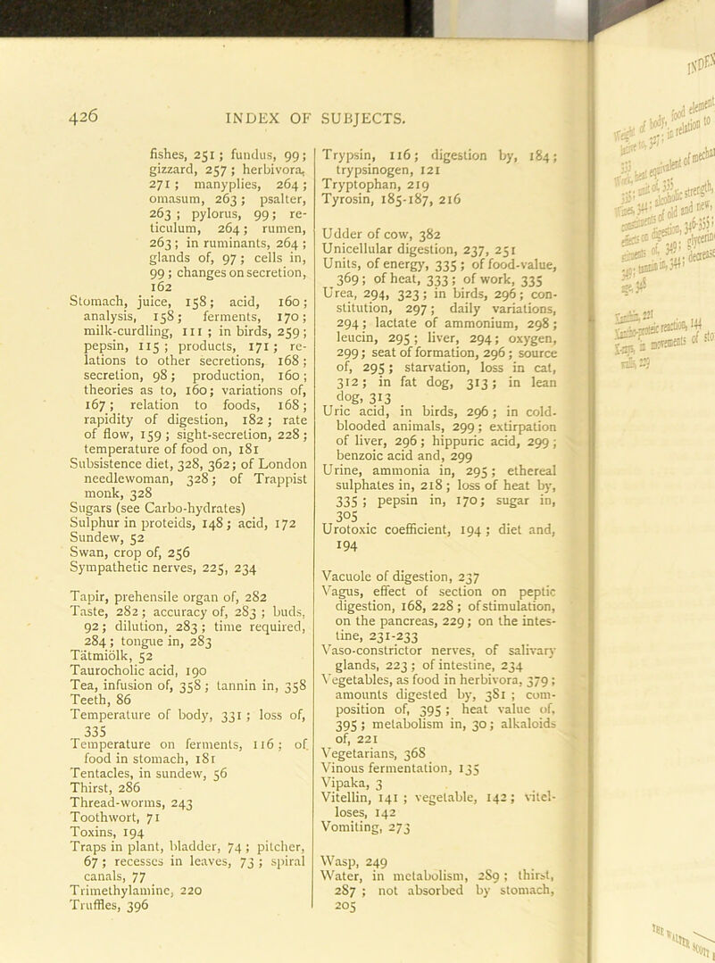 fishes, 251; fundus, 99; gizzard, 257 ; herbivora, 271; manyplies, 264; omasum, 263; psalter, 263 ; pylorus, 99; re- ticulum, 264; rumen, 263 ; in ruminants, 264 ; glands of, 97 ; cells in, 99; changes on secretion, 162 Stomach, juice, 158; acid, 160; analysis, 158; ferments, 170; milk-curdling, in; in birds, 259 ; pepsin, 115; products, 171; re- lations to other secretions, 168; secretion, 98; production, 160 ; theories as to, 160; variations of, 167; relation to foods, 168; rapidity of digestion, 182; rate of flosv, 159; sight-secretion, 228; temperature of food on, 181 Subsistence diet, 328, 362; of London needlewoman, 328; of Trappist monk, 328 Sugars (see Carbo-hydrates) Sulphur in proteids, 148 ; acid, 172 Sundew, 52 Swan, crop of, 256 Sympathetic nerves, 225, 234 Tapir, prehensile organ of, 282 Taste, 282; accuracy of, 283 ; buds, 92; dilution, 283; time required, 284 ; tongue in, 283 Tatmiblk, 52 Taurocholic acid, 190 Tea, infusion of, 358; tannin in, 358 Teeth, 86 Temperature of body, 331 ; loss of, 335 Temperature on ferments, 116; of. food in stomach, 181 Tentacles, in sundew, 56 Thirst, 286 Thread-worms, 243 Toothwort, 71 Toxins, 194 Traps in plant, bladder, 74 ; pitcher, 67 ; recesses in leaves, 73 ; spiral canals, 77 Trimethylamine, 220 Truffles, 396 Trypsin, 116; digestion by, 184; trypsinogen, 121 M Tryptophan, 219 Tyrosin, 185-187, 216 I Udder of cow, 382 1 Unicellular digestion, 237, 251 j Units, of energy, 335 ; of food-value, ' -j 369; of heat, 333 ; of work, 335 M Urea, 294, 323; in birds, 296; con- ■ stitution, 297; daily variations, 'j 294; lactate of ammonium, 298; ] leucin, 295; liver, 294; oxygen, 299; seat of formation, 296; source of, 295; starvation, loss in cat, 312; in fat dog, 313; in lean dog, 313 Uric acid, in birds, 296; in cold- blooded animals, 299; extirpation of liver, 296 ; hippuric acid, 299 ; benzoic acid and, 299 Urine, ammonia in, 295; ethereal sulphates in, 218 ; loss of heat by, 335 ; pepsin in, 170; sugar in, 305 Urotoxic coefficient, 194 ; diet and, 194 Vacuole of digestion, 237 Vagus, effect of section on peptic 7 digestion, 168, 228; of stimulation, ’ on the pancreas, 229; on the intes- tine, 231-233 Vaso-constrictor nerves, of salivary glands, 223 ; of intestine, 234 ^ egetables, as food in herbivora, 379; , * amounts digested by, 381 ; coin- ^ ' position of, 395 ; heat value of. ! , 395 ; metabolism in, 30; alkaloids • of, 221 > Vegetarians, 368 ^ Vinous fermentation, 135 ■? Vipaka, 3 . Vitellin, 141 ; vegetable, 142; vitel- f loses, 142 I Vomiting, 273 t Wasp, 249 1 Water, in metabolism, 2S9 ; thirst, ■ 287 ; not absorbed by stomach, 205