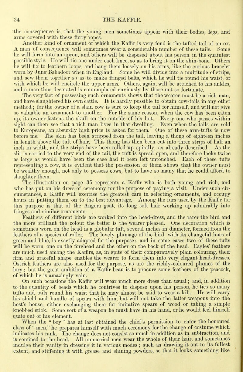 the consequence is, that the young men sometimes appear with their bodies, legs, and arms covered with these furry ropes. Another kind of ornament of which the Kaffir is very fond is the tufted tail of an ox. A man of consequence will sometimes wear a considerable number of these tails. Some he will form into an apron, and others will be disposed about his person in the quaintest possible style. He will tie one under each knee, so as to bring it on the shin-bone. Others he will fix to leathern loops, and hang them loosely on his arms, like the curious bracelet worn by Jung Bahadoor when in England. Some he will divide into a multitude of strips, and sew them together so as to make fringed belts, which he will tie round his waist, or with which he will encircle the upper arms. Others, again, will be attached to his ankles, and a man thus decorated is contemplated enviously by those not so fortunate. The very fact of possessing such ornaments shows that the wearer must be a rich man, and have slaughtered his own cattle. It is hardly possible to obtain cow-tails in any other method ; for the owner of a slain cow is sure to keep the tail for himself, and will not give so valuable an ornament to another. Eor the same reason, when the cow has been eaten up, its owner fastens the skull on the outside of his hut. Every one who passes within sight can then see that a rich man lives in that dwelling. Even when the tails are sold to Europeans, an absurdly high price is asked for them. One of these arm-tufts is now before me. The skin has been stripped from the tail, leaving a thong of eighteen inches in length above the tuft of hair. This thong has then been cut into three strips of half an inch in width, and the strips have been rolled up spirally, as already described. As the slit is carried to the very end of the tail, the tuft is spread open, and therefore looks twice as large as would have been the case had it been left untouched. Each of these tufts representing a cow, it is evident that the possession of them shows that the owner must be wealthy enough, not only to possess cows, but to have so many that he could afford to slaughter them. The illustration on page 35 represents a Kaffir who is both young and rich, and who has put on his dress of ceremony for the purpose of paying a visit. Under such cir- cumstanceSj a Kaffir will exercise the greatest care in selecting ornaments, and occupy hours in putting them on to the best advantage. Among the furs used by the Kaffir for this purpose is that of the Angora goat, its long soft hair working up admirably into fringes and similar ornaments. Feathers of different birds are worked into the head-dress, and the rarer the bird and the more brilliant the colour the better is the wearer pleased. One decoration which is sometimes worn on the head is a globular tuft, several inches in diameter, formed from the feathers of a species of roller. The lovely plumage of the bird, with its changeful hues of green and blue, is exactly adapted for the purpose: and in some cases two of these tufts will be worn, one on the forehead and the other on the back of the head. Eagles' feathers are much used among the Kaffirs, as, in spite of their comparatively plain colouring, their firm and graceful shape enables the wearer to form them into very elegant head-dresses. Ostrich feathers are also used for the purpose, as are the richly-coloured plumes of the lory ; but the great ambition of a Kaffir beau is to procure some feathers of the peacock, of which he is amazingly vain. On such occasions the Kaffir wiU wear much more dress than usual; and, in addition to the quantity of beads which he contrives to dispose upon his person, he ties so many tufts and tails round his waist that he may almost be said to wear a kUt. He will carry his shield and bundle of spears with him, but will not take the latter weapons into the host's house, either exchanging them for imitative spears of wood or taking a simple knobbed stick. Some sort of a weapon he must have in his hand, or he would feel himself quite out of his element. When the  boy has at last obtained the chief's permission to enter the honoured class of  men, he prepares himself with much ceremony for the change of costume which indicates his rank. The change does not consist so much in addition as in subtraction, and is confined to the head. All unmarried men wear the whole of their hair, and sometimes indulge their vanity in dressing it in various modes ; such as drawing it out to its fullest extent, and stiffening it with grease and shining powders, so that it looks something like