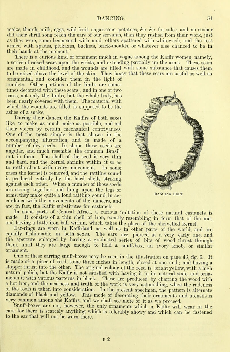 maize, thatch, milk, eggs, wild fruit, sugar-cane, potatoes, &c. &c. for sale ; and no sooner did their shrill song reach the ears of our servants, than they rushed from their work, just as they were, some besmeared with mud, others spattered with whitewash, and the rest armed with spades, pickaxes, buckets, brick-moulds, or whatever else chanced to be in their hands at the moment. There is a curious kind of ornament much in vogue among the Kaffir women, namely, a series of raised scars upon the wrists, and extending partially up the arms. These scars are made in childhood, and the wounds are filled with some substance that causes them to be raised above the level of the skin. They fancy that these scars are useful as well as ornamental, and consider them in the light of amulets. Other portions of the limbs are some- times decorated with these scars ; and in one or two cases, not only the limbs, but the whole body, has been nearly covered with them. The material with which the wounds are filled is supposed to be the ashes of a snake. During their dances, the Kaffirs of both sexes like to make as much noise as possible, and aid their voices by certain mechanical contrivances. One of the most simple is that shown in the accompanying illustration, and is made of a number of dry seeds. In shape these seeds are angular, and much resemble the common Brazil- nut in form. The shell of the seed is very thin and hard, and the kernel shrinks within it so as to rattle about with every movement. In some cases the kernel is removed, and the rattling sound is produced entirely by the hard shells strilving against each other. When a number of these seeds are strung together, and hung upon the legs or arms, they make quite a loud rattling sound, in ac- cordance with the movements of the dancers, and are, in fact, the Kaffir substitutes for castanets. In some parts of Central Africa, a curious imitation of these natural castanets is made. It consists of a thin shell of iron, exactly resembling in form that of the nut, and having a little iron ball within, which takes the place of the shrivelled kernel. Ear- rings are worn in Kaffirland as well as in other parts of the world, and are equally fashionable in both sexes. The ears are pierced at a very early age, and the aperture enlarged by having a graduated series of bits of wood thrust through them, until they are large enough to hold a snuff-box, an ivory knob, or similar ornament. One of these earring snuff-boxes may be seen in the illustration on page 43, fig. 6. It is made of a piece of reed, some three inches in length, closed at one end; and having a stopper thrust into the other. The original colour of the reed is bright yellow, with a high natural polish, but the Kaffir is not satisfied with having it in its natural state, and orna- ments it with various patterns in black. These are produced by charring the wood with a hot iron, and the neatness and truth of the work is very astonishing, when the rudeness of the tools is taken into consideration. In the present specimen, the pattern is alternate diamonds of black and yeUow. This mode of decorating their ornaments and utensils is very common among the Kaffirs, and we shall see more of it as we proceed. Snuff-boxes are not, however, the only ornaments which a Kaffir will wear in the ears, for there is scarcely anything which is tolerably showy and which can be fastened to the ear that will not be worn there. DANCING BELT. E 2