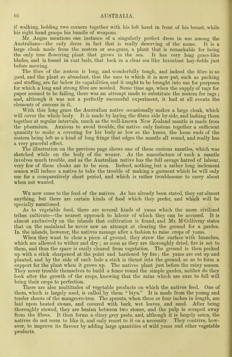 if walking, holding two corners together with his left hand in front of his breast, while his right hand grasps his bundle of weapons. Mr. Angas mentions one instance of a singularly perfect dress in use among the Australians—the only dress in fact that is really deserving of the name. It is a large cloak made from the zostera or sea-grass, a plant that is remarkable for being the only true flowering plant that grows in the sea. It has very long grass-like blades, and is found in vast beds, that look in a clear sea like luxuriant hay-fields just before mowing. The fibre of the zostera is long, and wonderfully tough, and indeed the fibre is so good, and the plant so abundant, that the uses to which it is now put, such as packing and stuffing, are far below its capabilities, and it ought to be brought into use for purposes for which a long and strong fibre are needed. Some time ago, when the supply of rags for paper seemed to be failing, there was an attempt made to substitute the zostera for rags ; and, although it was not a perfectly successful experiment, it had at all events the elements of success in it. With this long grass the Australian native occasionally makes a large cloak, which will cover the whole body. It is made by laying the fibres side by side, and lashing them together at regular intervals, much as the well-known New Zealand mantle is made from the phormium. Anxious to avoid trouble, the native only fastens together a suflicient quantity to make a covering for his body as low as the knees, the loose ends of the zostera being left as a kind of long fringe that edges the mantle all round, and really has a very graceful effect. The illustration on the previous page shows one of these curious mantles, which was sketched while on the body of the wearer. As the manufacture of such a mantle involves much trouble, and as the Australian native has the full savage hatred of labour, very few of these cloaks are to be seen. Indeed, nothing,but a rather long inclement season will induce a native to take the trouble of making a garment which he will only use for a comparatively short period, and which is rather troublesome to carry about when not wanted. We now come to the food of the natives. As has already been stated, they eat almost anything, but there are certain kinds of food whicli they prefer, and which will be specially mentioned. As to vegetable food, there ai-e several kinds of yams which the more civilized tribes cultivate—the nearest approach to labour of which they can be accused. It is almost exclusively on the islands that cultivation is found, and Mr. M'Gillivray states that on the mainland he never saw an attempt at clearing the ground for a garden. In the islands, however, the natives manage after a fashion to raise crops of yams. When they want to clear a piece of ground, they strew the surface with branches, which are allowed to wither and dry ; as soon as they are thoroughly dried, fire is set to them, and thus the space is easUy cleared from vegetation. The ground is then pecked up with a stick sharpened at the point and hardened by fire; the yams are cut up and planted, and by the side of each hole a stick is thrust into the ground, so as to form a support for the plant when it grows up. The natives plant just before the rainy season. They never trouble themselves to build a fence round the simple garden, neither do they look after the growth of the crops, knowing that the rains which are sure to fall wUl bring their crojDS to perfection. There are also multitudes of vegetable products on wliich the natives feed. One of them, which is largely used, is called^by them  biyu. It is made from the young and tender shoots of the mangrove-tree. The sprouts, when three or four inches in length, are laid upon heated stones, and covered with bark, wet leaves, and sand. After being thoroughly stewed, they are beaten between two stones, and the pulp is scraped away from the fibres. It then forms a slimy grey paste, and, although it is largely eaten, the natives do not seem to like it, and only resort to it on a necessity. They contrive, how- ever, to improve its flavour by adding large quantities of wild yams and other vegetable products.