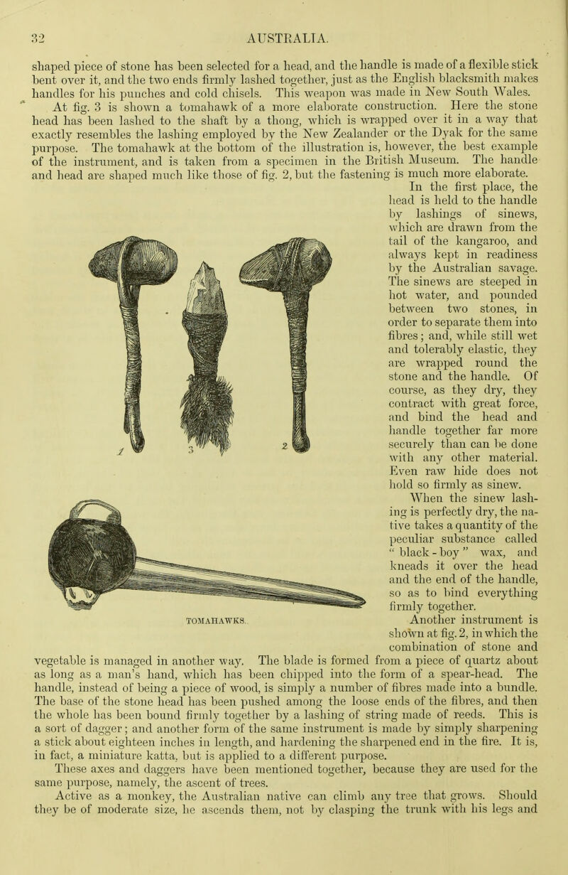 i shaped piece of stone has been selected for a head, and tlie handle is made of a flexible stick bent over it, and the two ends firmly lashed together, just as the English blacksmith malces handles for his punches and cold chisels. This weapon was made in New South Wales. At fig. 3 is shown a tomahawk of a more elaborate construction. Here the stone head has been lashed to the shaft by a thong, which is wrapped over it in a way that exactly resembles the lashing employed by the New Zealander or the Dyak for the same purpose. The tomahawk at the bottom oif the illustration is, however, the best example of the instrument, and is taken from a specimen in the British Museum. The handle and head are shaped much like those of fig. 2, but the fastening is much more elaborate. In the first place, the liead is held to the handle by lashings of sinews, wJiich are drawn from the tail of the kangaroo, and always kept in readiness by the Australian savage. The sinews are steeped in hot water, and pounded between two stones, in order to separate them into fibres ; and, while still wet and tolerably elastic, they are wrapped round the stone and the handle. Of course, as they dry, they contract with great force, and bind the head and liandle together far more securely than can be done with any other material. Even raw hide does not hold so firmly as sinew. When the sinew lash- ing is perfectly dry, the na- tive takes a quantity of the peculiar substance called  black - boy  wax, and kneads it over the head and the end of the handle, so as to bind everything firmly together. Another instrument is shown at fig. 2, in which the combination of stone and vegetable is managed in another way. The blade is formed from a piece of quartz about as long as a man's hand, which has been chipped into the form of a spear-head. The handle, instead of being a piece of wood, is simply a number of fibres made into a bundle. The base of the stone head has been pushed among the loose ends of the fibres, and then the whole has been bound firmly together by a lashing of string made of reeds. This is a sort of dagger; and another form of the same instrument is made by simj^ly sharpening a stick about eighteen inches in length, and hardening the sharpened end in the fire. It is, in fact, a miniature katta, but is applied to a different jDurpose. These axes and daggers have been mentioned together, because they are used for the same purpose, namely, the ascent of trees. Active as a monkey, the Australian native can climb any tree that grows. Should they be of moderate size, he ascends them, not by clasping the trunk with his legs and TOMAHAWKS.