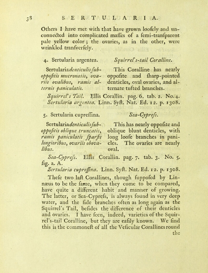 Others I have met with that have grown loofely and tin- connedted into complicated mafles of a femi-tranfparent pale yellow color ; the ovaries, as in the other, were wrinkled tranfverfely. 4. Sertularia argentea. Squirrel's-tail Coralline. ^cvt\\\2irmdenticuli$fub- This Coralline has nearly oppofitis mucronaiis^ ova- oppofite and fharp-pointed riis ovalibus^ ramis al~ denticles, oval ovaries, and al- ternis paniculatis. ternate tufted branches. SquirrePs Tail. Ellis Corallin. pag. 6. tab. 2. No.4. Sertularia arge?ttea. Linn. Syft. Nat. Ed. 12. p. 1308. 5. Sertularia cupreflina. Sea-Cyprefs, ^ert\i\2iV\2.denticulisfub~ This has nearly oppofite and oppofitis oblique truncatis^ oblique blunt denticles, with ramis paniculatis fparfis long loofe branches in pani- longioribus^ ovariis obova- cles. The ovaries are nearly libus, oval. Sea-Cyprefs, Ellis Corallin. pag. 7. tab. 3. No. 5. fig. a. A. Sertularia cuprejjina. Linn. Syft. Nat. Ed. 12. p. 1308. Thefe two laft Corallines, though fuppofed by Lin- naeus to be the fame, when they come to be compared, have quite a different habit and manner of growing. The latter, or Sea~Cyprefs, is always found in very deep water, and the fide branches often as long again as the Squirrel's Tail, befides the difference of their denticles and ovaries. I have feen, indeed, varieties of the Squir- rel's-tail Coralline, but they are eafily known. We find this is the commoneft of all the Veficular Corallines round the