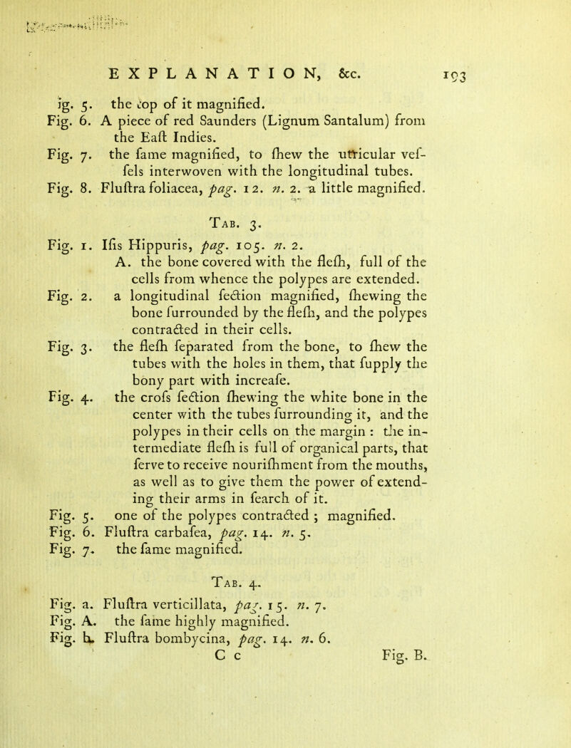 ig. 5. the top of it magnified. Fig. 6. A piece of red Saunders (Lignum Santalum) from the Eaft Indies. Fig. 7. the fame magnified, to fhew the utricular vef- fels interwoven with the longitudinal tubes. Fig. 8. Fluftra foliacea, pag. 12. n. 2. a little magnified. Tab. 3. Fig. I. Ifis Hippuris, pag. 105. n. 2. A. the bone covered with the flefh, full of the cells from whence the polypes are extended. Fig. 2. a longitudinal feclion magnified, fhewing the bone furrounded by the flefii, and the polypes contracted in their cells. Fig. 3. the flefh feparated from the bone, to fhew the tubes with the holes in them, that fupply the bony part with increafe. Fig. 4. the crofs fe6lion fhewing the white bone in the center with the tubes furrounding it, and the polypes in their cells on the margin : the in- termediate flelli is full of organical parts, that ferve to receive nourilhment from the mouths, as well as to give them the power of extend- ing their arms in fearch of it. Fig. 5. one of the polypes contracted ; magnified. Fig. 6. Fluftra carbafea, pag, 14. n. 5, Fig. 7. the fame magnified. Tab. 4. Fig. a. Fluftra verticillata, pag, 15. 71. 7. Fig. A. the faine highly magnified. Fig. \ Fluftra bombycina, pag, 14. n, 6. C c Fig-