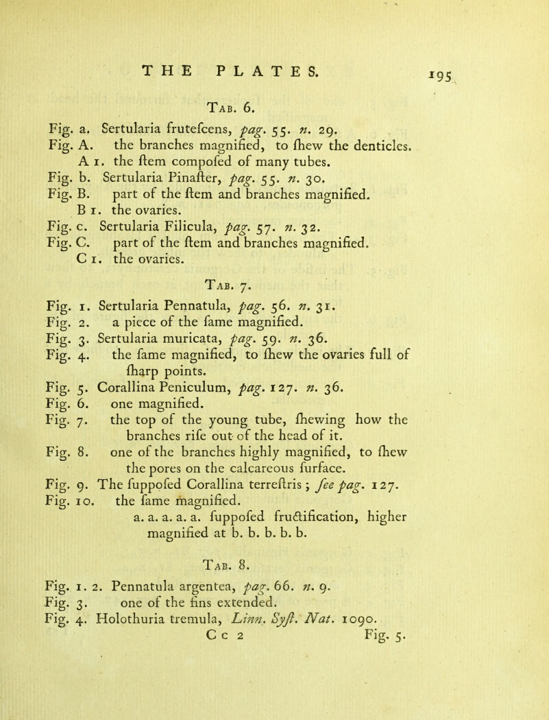 Tab. 6. Fig. a. Sertularia frutefcens, pag, 55. n, 29. Fig. A. the branches magnified, to fhew the denticles. A I. the ftem compofed of many tubes. Fig. b. Sertularia Pinafter, pag. 55. n. n^o. Fig. B. part of the ftem and branches magnified. B I. the ovaries. Fig. c. Sertularia Filicula, pag. 57. n. 32. Fig. C. part of the ftem and branches magnified. C I. the ovaries. Tab. 7. Fig. I. Sertularia Pennatula, pag. 56. 31. Fig. 2. a piece of the fame magnified. Fig. 3. Sertularia muricata, pag. 59. n. 36. Fig. 4. the fame magnified, to fhew the ovaries full of fharp points. Fig. 5. Corallina Peniculum, pag. 127. n. 36. Fig. 6. one magnified. Fig. 7. the top of the young tube, fhewing how the branches rife out of the head of it. Fig. 8. one of the branches highly magnified, to fhew the pores on the calcareous furface. Fig. 9. The fuppofed Corallina terreftris; f^^ pcig. 127. Fig. 10. the fame magnified. a. a. a. a. a. fuppofed fructification, higher magnified at b. b. b. b. b. Tab. 8. Fig, 1.2. Pennatula argentea, pag. 66, n. Fig. 3. one of the fins extended. Fig. 4. Holothuria tremula. Linn, Syjl. Nat, 1090.