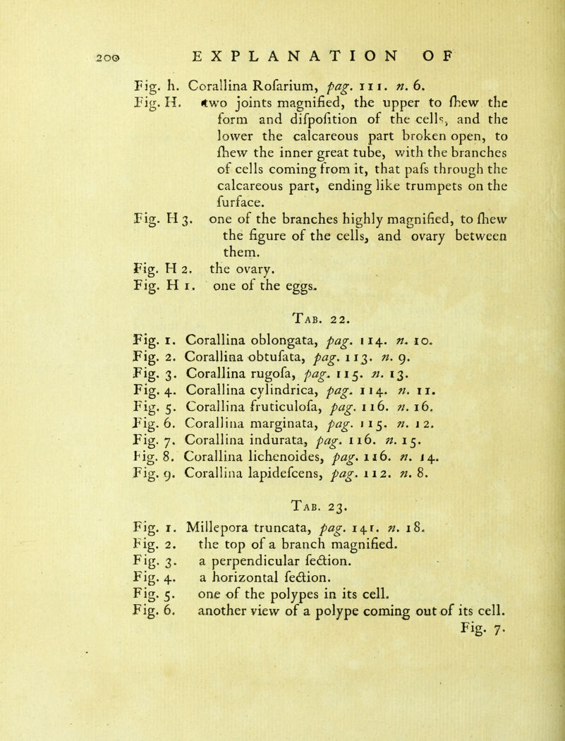 Fig. h. Corallina Rofarium, pag. iii. n»6. Pig. H. two joints magnified, the upper to (Lew the form and difpofition of the cells, and the lower the calcareous part broken open, to fhew the inner great tube, v/ith the branches of cells coming from it, that pafs through the calcareous part, ending like trumpets on the fur face. Fig. H 3. one of the branches highly magnified, to fhew the figure of the cells, and ovary between them. Fig. H 2. the ovary. Fig. H I. one of the eggs. Tab. 22. Fig. I. Corallina oblongata, pag. 114. 10* Fig. 2. Corallina obtufata, pag. 113. n. 9. Fig. 3. Corallina rugofa, pag. 115. n. 13. Fig. 4. Corallina cylindrica, pag. 114* n. 11. Fig. 5. Corallina fruticulofa, pag. 116. n. 16. Pig. 6. Corallina marginata, pag. J15. n. 12. Pig. 7. Corallina indurata, pag. 116. n.i^. Fig. 8. Corallina lichenoides, pag, 116. n. 14. Fig. 9. Corallina lapidefcens, pag. 112. n. 8. Tab. 23. Fig. I. Millepora truncata, pag. i^i. n, 18. Fig. 2. the top of a branch magnified. Fig. 3. a perpendicular fe£lion. Fig. 4. a horizontal fedion. Fig. 5. one of the polypes in its cell. Fig. 6. another view of a polype coming out of its cell. Fig. 7.