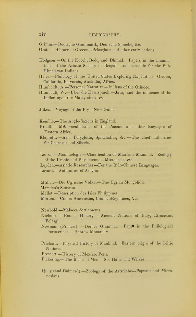 Grimm.—Deutsche Grammatik, Deutsche Sprachc, &c. Grote.—History of Greece—Pelasgians and otlicr early nations. Hodgson.—On the Kocch, Bodo, and Dhimal. Papers in the Transac- tions of the Asiatic Society of Bengal—Indispensable for the Sub- Himalayan Indians. Hales.—Philology of the United States Exploring Expedition—Oregon, California, Polynesia, Australia, Africa. Humboldt, A.—Personal Narrative—Indians of the Orinoco. Humboldt, W.—Uber die Kawisprachi—Java, and the influence of the Indian upon the Malay stock, &c. Jukes.—Voyage of the Fly—New Guinea. Kemble.—The Anglo-Saxons in England. Krapff.— MS. vocabularies of the Pocomo and other languages of Eastern Africa. Klaproth.—Asia Polyglotta, Sprachatlas, &c.—The chief authorities for Caucasus and Siberia. Lesson.—Mammologie.—Classification of Man as a Mammal. Zoology of the Uranic and Physicienne—Micronesia, &e. Leyden.—Asiatic Researches—For the Indo-Chinese Languages. Layard.—Antiquities of Assyria. Miiller.—Die Ugrische Volker—The Ugrian Mongolidse. Marsden's Sumatra. Mallat.—Description des Isles Philippines. Morton.—Crania Americana, Crania .ffigyptiaca, &c. Newbold.—Malacca Settlements. Niebulir. — Roman History'—Ancient Nations of Italy, Etruscans, Pelasgi. Newman (Francis).—Berber Grammar. Pap* in the Philological Transactions. Hebrew Monarchy. Prichard.—Physical History of Mankind. Eastern origin of the Celtic Nations. Prescott.—History of Mexico, Peru. Pickering.—The Races of Men. See Hales and Wilkes. Quoy (and Gaimard).—Zoology of the Astrolabe—Papuans and Micro- nesians.