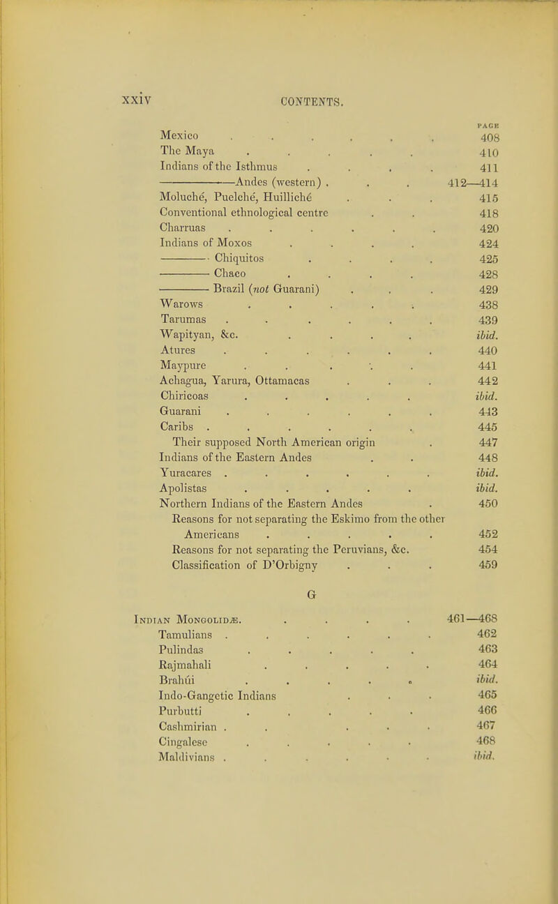 Mexico ...... PACK 408 The Maya ..... 410 Indians of the Isthmus .... 411 —Andes (western) . 412—414 Moluche, Puelche', Huillich^ 415 Conventional ethnologieal centre 418 Charruas ...... 420 Indians of Moxos .... 424 Chiquitos .... 425 Chaco .... 428 Brazil (iiot Guarani) 429 Warows ..... 438 Tarumas . . .... 439 Wapityan, &c. .... ibid. Atures ...... 440 Maypure . . . . 441 Achagua, Yarura, Ottamacas 442 Chiricoas ..... ibid. Guarani ...... 443 Caribs ...... 445 Their supposed North American origin 447 Indians of the Eastern Andes 448 Yuracares ...... ibid. Apolistas ..... ibid. Northern Indians of the Eastern Andes 450 Reasons for not separating the Eskimo from the other Americans ..... 452 Reasons for not separating the Peruvians, &c. 454 Classification of D'Orbigny 459 G Indian Mongolid^. .... 461—468 Tamulians ...... 462 Pulindas ..... 463 Rajmahali ..... 464 Braliui ..... ibid. Indo-Gangetic Indians . . ■ 465 Purbutti ..... 466 Cashmirian . . ... 467 Cingalese ..... 468 Maldivinns ibid.