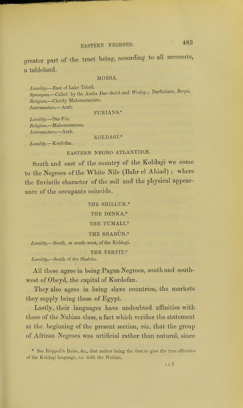 greater part of the tract being, according to all accounts, a tableland. MOBBA. ZocaZiVtf.—East of Lake Tshad. ^ S^o«ym.-CaUed by the Arabs DavSakh and Waday; Darfanans, Bergu. Religion.—Chieflj' Mahometanism. Intermiaturc.—Arab. FURIANS.* Locality.—Dar-Fur. Religion.—Mahometanism. Intermixture.—Arab. KOLDAGI.* Locality.—Kordofan. EASTERN NEGRO ATLANTID^. South and east of the country of the Koldagi we come to the Negroes of the White Nile (Bahr el Abiad) ; where the fluviatile character of the soil and the physical appear- ance of the occupants coincide. THE SHILLUK.* THE DENKA.* THE TUMALI.* THE SHABUN.* Locality.—South, or south-west, of the Koldagi. THE FERTIT.* Locality.—South of the Shabun. All these agree in being Pagan Negroes, south and south- west of Obeyd, the capital of Kordofan. They also agree in being slave countries, the markets they supply being those of Egypt. Lastly, their languages have undoubted affinities Avith those of the Nubian class, a fact which verifies the statement at the beginning of the present section, viz. that the group of African Negroes was artificial rather than natural, since • See Riippeirs Reise, &c., that author being the first to give the tnie affinities of the Koldagi language, i.e. with the Nul)ian. I I 2