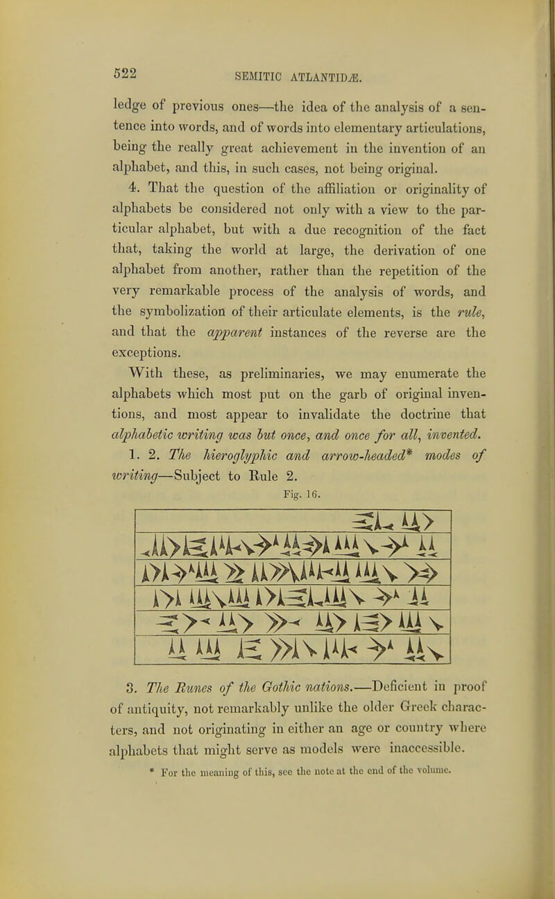 ledge of previous ones—the idea of the analysis of a sen- tence into words, and of words into elementary articulations, being the really great achievement in the invention of an alphabet, and this, in such cases, not being original. 4. That the question of the affiliation or originality of alphabets be considered not only with a view to the par- ticular alphabet, but with a due recognition of the fact that, taking the world at large, the derivation of one alphabet from another, rather than the repetition of the very remarkable process of the analysis of words, and the symbolization of their articulate elements, is the rule, and that the apparent instances of the reverse are the exceptions. With these, as preliminaries, we may enumerate the alphabets which most put on the garb of original inven- tions, and most appear to invalidate the doctrine that alphahetic writing was hut once, and once for all, invented. 1. 2. The hieroglyphic and arrow-headed* modes of writing—Subject to Rule 2. Fig. 16. 3. The Runes of the Gothic nations.—Deficient in proof of antiquity, not remarkably unlike the older Greek charac- ters, and not originating in either an age or country where alphabets that might serve as models were inaccessible. * For the nicaniiig of this, see the note at the end of the vohime.