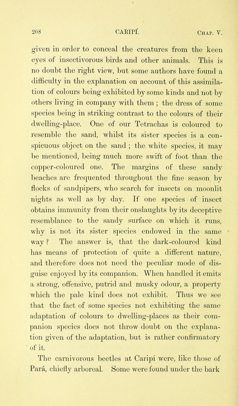given in order to conceal the creatures from the keen eyes of insectivorous birds and other animals. This is no doubt the right view, but some authors have found a difficulty in the explanation on account of this assimila- tion of colours being exhibited by some kinds and not by others living in company with them ; the dress of some species being in striking contrast to the colours of their dwelling-place. One of our Tetrachas is coloured to resemble the sand, whilst its sister species is a con- spicuous object on the sand ; the white species, it may be mentioned, being much more swift of foot than the copper-coloured one. The margins of these sandy beaches are frequented throughout the fine season by flocks of sandpipers, who search for insects on moonlit nights as well as by day. If one species of insect obtains immunity from their onslaughts by its deceptive resemblance to the sandy surface on which it runs, why is not its sister species endowed in the same way ? The answer is, that the dark-coloured kind has means of protection of quite a different nature, and therefore does not need the peculiar mode of dis- guise enjoyed by its companion. When handled it emits a strong, offensive, putrid and musky odour, a property which the pale kind does not exhibit. Thus we see that the fact of some species not exhibiting the same adaptation of colours to dwelling-places as their com- panion species does not throw doubt on the explana- tion given of the adaptation, but is rather confirmatory of it. The carnivorous beetles at Caripi were, like those of Para, chiefly arboreal. Some were found under the bark