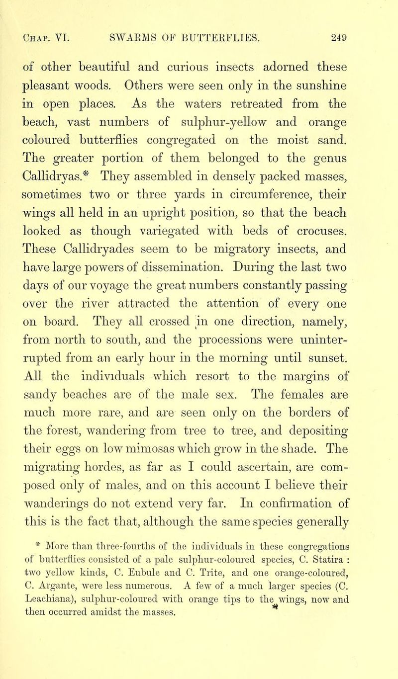 of other beautiful and curious insects adorned these pleasant woods. Others were seen only in the sunshine in open places. As the waters retreated from the beach, vast numbers of sulphur-yellow and orange coloured butterflies congregated on the moist sand. The greater portion of them belonged to the genus Callidryas* They assembled in densely packed masses, sometimes two or three yards in circumference, their wings all held in an upright position, so that the beach looked as though variegated with beds of crocuses. These Callidryades seem to be migratory insects, and have large powers of dissemination. During the last two days of our voyage the great numbers constantly passing over the river attracted the attention of every one on board. They all crossed in one direction, namely, from north to south, and the processions were uninter- rupted from an early hour in the morning until sunset. All the individuals which resort to the margins of sandy beaches are of the male sex. The females are much more rare, and are seen only on the borders of the forest, wandering from tree to tree, and depositing their eggs on low mimosas which grow in the shade. The migrating hordes, as far as I could ascertain, are com- posed only of males, and on this account I believe their wanderings do not extend very far. In confirmation of this is the fact that, although the same species generally * More than three-fourths of the individuals in these congregations of butterflies consisted of a pale sulphur-coloured species, C. Statira : two yellow kinds, C. Eubule and C. Trite, and one orange-coloured, C. Argante, were less numerous. A few of a much larger species (C. Leachiana), sulphur-coloured with orange tips to the wings, now and then occurred amidst the masses.