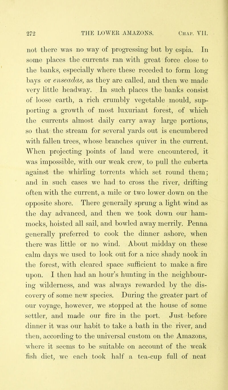 not there was no way of progressing but by espia. In some places the currents ran with great force close to the banks, especially where these receded to form long bays or enseadas, as they are called, and then we made very little headway. . In such places the banks consist of loose earth, a rich crumbly vegetable mould, sup- porting a growth of most luxuriant forest, of which the currents almost daily carry away large portions, so that the stream for several yards out is encumbered with fallen trees, whose branches quiver in the current. When projecting points of land were encountered, it was impossible, with our weak crew, to pull the cuberta against the whirling torrents which set round them; and in such cases we had to cross the river, drifting often with the current, a mile or two lower down on the opposite shore. There generally sprung a light wind as the day advanced, and then we took down our ham- mocks, hoisted all sail, and bowled away merrily. Penna generally preferred to cook the dinner ashore, when there was little or no wind. About midday on these calm days we used to look out for a nice shady nook in the forest, with cleared space sufficient to make a fire upon. I then had an hour's hunting in the neighbour- ing wilderness, and was always rewarded by the dis- covery of some new species. During the greater part of our voyage, however, we stopped at the house of some settler, and made our fire in the port. Just before dinner it was our habit to take a bath in the river, and then, according to the universal custom on the Amazons, where it seems to be suitable on account of the weak fish diet, we each took half a tea-cup full of neat