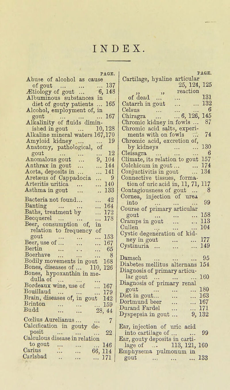 INDEX. PAGE. Abuse of alcohol as cause of gout 137 .Etiology of gout ... 6, 148 Albuminous substances in diet of gouty patients ... 165 Alcohol, employment of, in gout 167 Alkalinity of fluids dimin- ishedingout 10,128 Alkaline mineral waters 167,170 Amyloid kidney ... ... 19 Anatomy, pathological, of gout ... 12 Anomalous gout 9, 104 Anthrax in gout ... ... 144 Aorta, deposits in ... ... 141 Aretseus of Cappadocia ... 9 Arteritis uritica ... 140 Asthma in gout .. 133 Bacteria not found... ... 42 Banting ... 164 Baths, treatment by ... 172 Becquerel ... 178 Beer, consumption of, in relation to frequency of gout ... 153 Beer, use of ... 167 Bertin ... 65 Boerhave ... 8 Bodily movements in gout 168 Bones, diseases of ... 110, 126 Bones, hypoxanthin in me- dulla of Bordeaux wine, use of ... 167 Bouillaud 179 Brain, diseases of, in gout 142 Brinton 159 Budd 28, 44 Ccelius Aurelianus 7 Calcification in gouty de- posit 22 Calculous disease in relation to gout 146 Carins ... 66, 114 Carlsbad ] 71 PAGE. Cartilage, hyaline articular 25, 124, 125 ,, ,, reaction of dead 131 Catarrh in gout 132 Celsus 6 Chiragra 6, 126, 145 Chromic kidney in fowls ... 87 Chromic acid salts, experi- ments with on fowls ... 74 Chromic acid, excretion of, by kidneys 130 Cleisagra 6 Climate, its relation to gout 157 Colchicum in gout 174 Conjuctivitis in gout ... 134 Connective tissues, forma- tion of uric acid in, 11, 71,117 Contagiousness of gout ... 8 Cornea, injection of urea into 99 Course of primary articular gout 158 Cramps in gout ... .,. 113 Cullen 104 Cystic degeneration of kid- ney in gout 177 Cystinuria 149 Damsch ... 95 Diabetes mellitus alternans 154 Diagnosis of primary articu- lar gout 160 Diagnosis of primary renal gout 180 Diet in gout 163 Dortmund beer 167 Durand Fardel 171 Dyspepsia in gout ... 9, 132 Ear, injection of uric acid into cartilage of 99 Ear, gouty deposits in carti- lage of ... 113,121,160 Emphysema pulmonum in gout ... 133