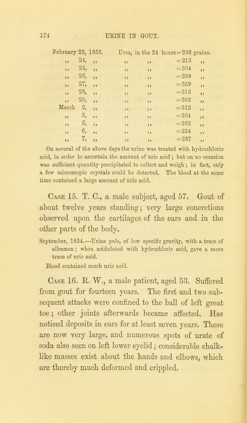 February 23, 1856. Urea, in the 24 hours = 286 grains. ) J 24, „ yy yy = 213 ,, n 25, „ yy yy = 304 ,, yt 26, „ yy yy = 299 ,, yy 27, „ yy yy = 359 ,, yy 2S, „ yy yy = 315 „ y y 29, „ yy yy = 302 „ March 2, „ yy y y = 312 ,, yy 3, ,1 yy yy = 264 ,, yy 5, „ yy yy = 262 ,, yy 6, ,, yy yy = 234 ,, y y 7, „ yy yy = 287 „ On several of the above days the urine was ireated with hydrochloric acid, in order to ascertain the amount of uric acid ; but on no occasion was sufficient quantity precipitated to collect and weigh.; in fact, only a few microscopic crystals could be detected. The blood at the same time contained a large amount of uric acid. Case 15. T. C., a male subject, aged 57. Grout of about twelve years standing; very large concretions observed upon tbe cartilages of tbe ears and in tbe other parts of tbe body. September, 1854.—Urine pale, of low specific gravity, with a trace of albumen; when acidulated with hydrochloric acid, gave a mere trace of uric acid. Blood contained much uric acid. Case 16. E. W., a male patient, aged 53. Suffered from gout for fourteen years. The first and two sub- sequent attacks were confined to the ball of left great toe; other joints afterwards became affected. Has noticed deposits in ears for at least seven years. These are now very large, and numerous spots of urate of soda also seen on left lower eyelid; considerable chalk- like masses exist about the hands and elbows, which are thereby much deformed and crippled.