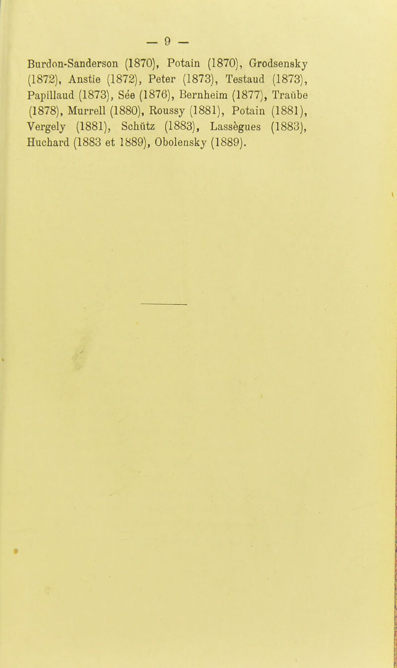 (1872), Anstie (1872), Peter (1873), Testaud (1873), Papillaud (1873), Sée (1876), Bernheim (1877), Trafibe (1878), Murrell (1880), Roussy (1881), Potain (1881), Vergely (1881), Schûtz (1883), Lassègues (1883), Huchard (1883 et 1889), Obolensky (1889).
