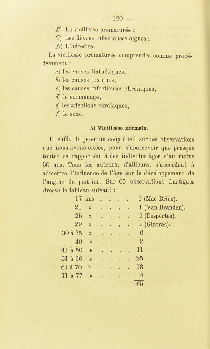 B) La vieillesse prématurée ; G) Les fièvres infectieuses aiguës ; D) L'hérédité. La vieillesse prématurée comprendra comme précé- demment : a) les causes diathésiques, b) les causes toxiques, c) les causes infectieuses chroniques, d) le surmenage, é) les affections cardiaques, f) le sexe. A) Vieillesse normale. Il suffit de jeter un coup d'œil sur les observations que nous avons citées, pour s'apercevoir que presque toutes se rapportent à des individus âgés d'au moins 50 ans. Tous les auteurs, d'ailleurs, s'accordent à admettre l'influence de l'âge sur le développement de l'angine de poitrine. Sur 65 observations Lartigues dresse le tableau suivant : 17 ans . . . . 1 (Mac Bride). 21 . . 1 (VanBranden) 25 * . . 1 (Desportes). 29 . . 1 (Gintrac). 30 à 35 . . 6 40 . . 2 41 à 50 . . 11 51 à 60 D . . 25 61 à 70 . . 13 il à 77 . . 4 65