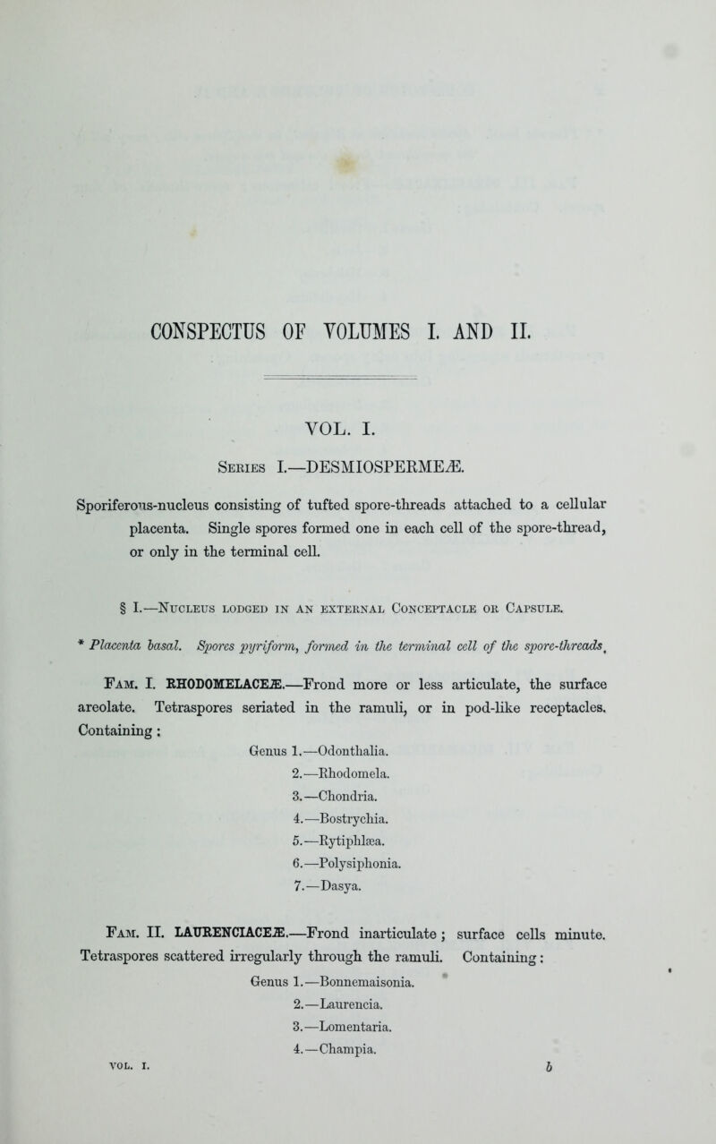 CONSPECTUS OF YOLUMES I. AND II. YOL. I. Series I.—DESMIOSPERME^S. Sporiferous-nucleus consisting of tufted spore-threads attached to a cellular placenta. Single spores formed one in each cell of the spore-thread, or only in the terminal cell. § I.—Nucleus lodged in an external Conceptacle or Capsule. * Placenta basal. Spores pyriform, formed in the terminal cell of the spore-threadst Fam. I. RHODOMELACEiE.—Frond more or less articulate, the surface areolate. Tetraspores seriated in the ramuli, or in pod-like receptacles. Containing: Genus 1.—Odonthalia. 2. —Rhodomela. 3. —Chondria. 4. —Bostrychia. 5. —Rytiphlsea. 6. —Polysiphonia. 7. —Dasya. Fam. II. LAURENCIACEJE.—Frond inarticulate ; surface cells minute. Tetraspores scattered irregularly through the ramuli. Containing: Genus 1.—Bonnemaisonia. 2. —Laurencia. 3. —Lomentaria. 4. —Champia. VOL. i. b