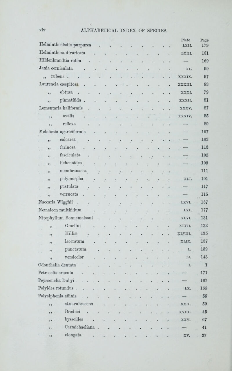 Helminthocladia purpurea Plate Page 179 Helminthora divaricata 181 Ilildenbrandtia rubra . . — 169 Jania comiculata . XL. 99 ,, rubens . - . . XXXIX. 97 Laurencia csespitosa . XXXIII. 83 ,, obtusa . 79 ,, pinnatifida . XXXII. 81 Lomentaria kaliformis 87 ,, ovalis XXXIY. 85 ,, reflexa . . — 89 Melobesia agariciformis — 107 ,, calcarea . . . — 103 ,, farinosa — 113 ,, fasciculata . . — 105 ,, lichenoides — 109 ,, membranacea . . — 111 ,, polymorpba XLI. 101 „ pustulata — 117 ,, verrucata . — 115 Naccaria Wiggbii . . . LXYI. 187 Nemaleon multifidum LXI. 177 Nitopliyllum Bonnemaisoni . . XLVI. 131 „ Gmelini 133 „ Hillise . . . XLYIII. 135 ,, laceratum . XLIX. 137 ,, punctatum 139 ,, versicolor 143 Odontbalia dentata 1 Petrocelis cruenta — 171 Peyssonelia Dubyi . . — 167 Polyides rotundus 165 Polysiphonia affinis . . — 55 ,, atro-rubescens . . . . XXII. 59 ,, Brodisei 45 ,, byssoides XXV. 67 ,, Carmichaeliana . 41 ,, elongata . . XV. 37