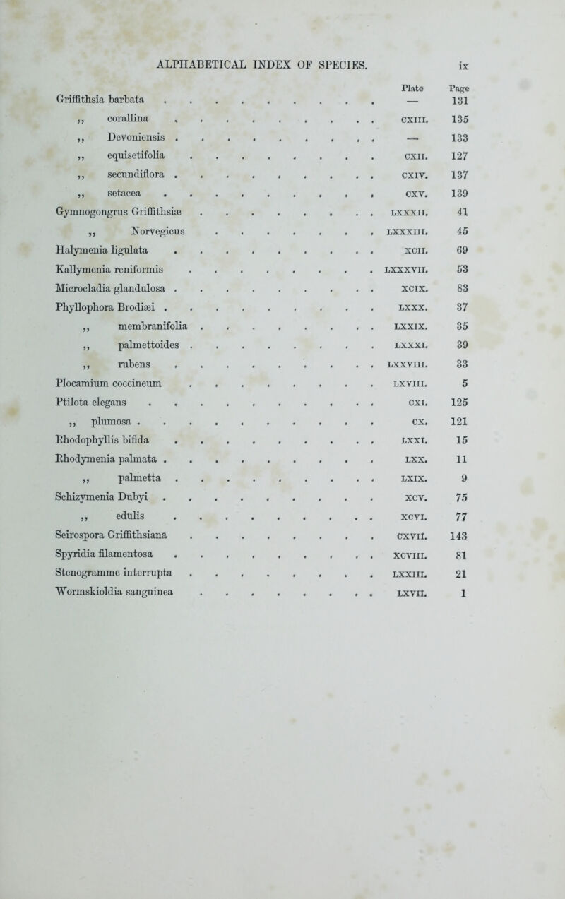 GrifRthsia barbata Plato Page 131 ,, corallina . CXIII. 135 ,, Devoniensis . • . . 133 ,, equisetifolia CXII. 127 ,, secundiflora . . CXIV. 137 ^} SGtclC©3» • • cxv. 139 Gynmogongrus GrifEtbsiae . LXXXII. 41 ,, Korvegicus LXXXIII. 45 Halymenia ligulata XCII, 69 Kallymenia reniformis LXXXVII. 53 Microcladia glandulosa , XCIX. 83 Phyllophora Brodisei . LXXX. 37 ,, membranifolia LXXIX. 35 ,, palmettoides . LXXXI. 39 ,, nibens LXXVIII. 33 Plocamitim coccineum LXVIII. 5 Ptilota elegans CXI. 125 ,, plumosa . CX. 121 Phodophyllis bifida LXXI. 15 Khodymenia palmata . LXX. 11 ,, palmetta LXIX. 9 Schizymenia Dubyi xcv. 75 ,, edulis XCVI. 77 Seirospora Griffitbsiana CXVII. 143 Spyridia filamentosa XCVIII. 81 Stenogramme interrupta LXXIII. 21 Wormskioldia sanguinea . . . LXVII. 1