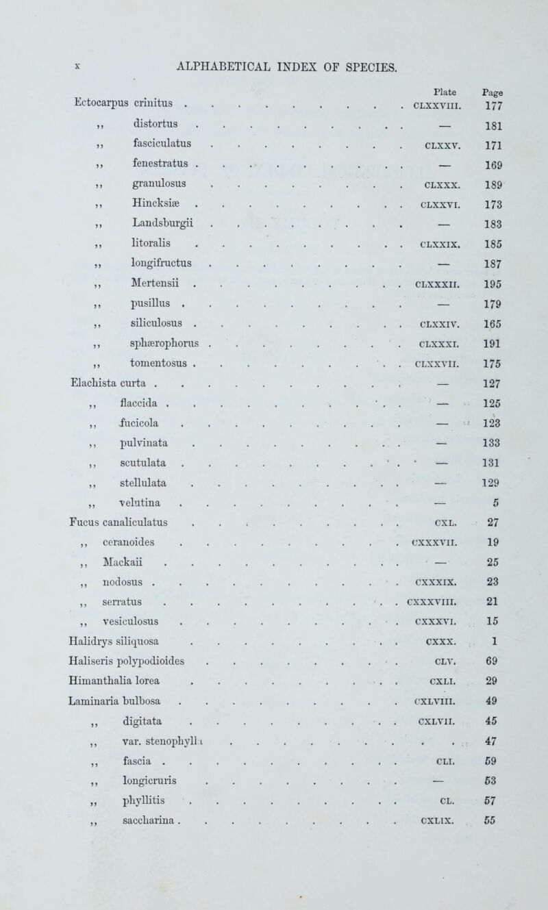 Ectocarpus crinitus Plate . . . . CLXXVIII. Page 177 ,, distortus .... 181 ,, fasciculatus . CLXXV. 171 ,, fenestratus . . .. 169 ,, granulosus .... CLXXX. 189 ,, Hincksise .... CLXXYI. 173 ,, Landsburgii . — 183 ,, litoralis .... 185 „ longifructus . . . . — 187 ,, Mertensii .... 195 ,, pusillus — 179 ,, siliculosus .... CLXXIV. 165 ,, sphserophorus .... CLXXXI. 191 ,, tomentosus .... . . CLXXVII. 175 Elachista curta — 127 ,, flaccida . ' . . — 125 ,, fucicola . . . . 123 ,, pulvinata .... . . . — 133 ,, scutulata ..... 131 ,, stellulata .... — 129 ,, velutina — 5 Fucus canaliculatus .... 27 ,, ceranoides . CXXXVII. 19 ,, Mackaii — 25 ,, nodosus CXXXIX. 23 ,, serratus ..... 21 ,, vesiculosus CXXXYI. 15 Halidiys siliquosa .... cxxx. 1 Haliseris polypodioides .... CLY. 69 Himanthalia lorea .... . . CXLI. 29 Laminaria bulbosa CXLVIII. 49 ,, digitata .... 45 ,, var. stenopbyll i 47 ,, fascia 59 ,, longicruris .... — 53 ,, phyllitis .... CL. 57 ,, saccharina CXL1X. 55