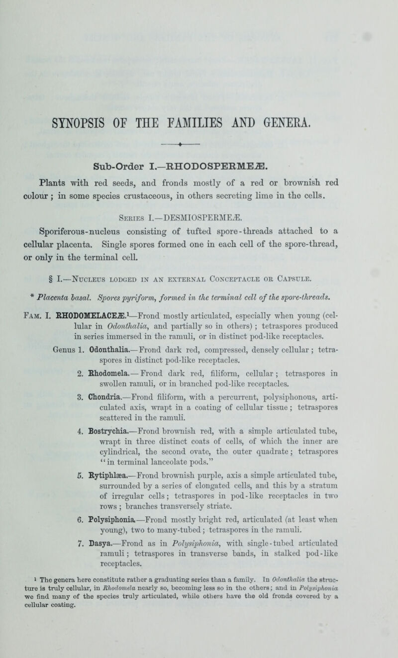 SYNOPSIS OF THE FAMILIES AND GENEPA. Sub-Order I.—RHODOSPERME-aS. Plants with red seeds, and fronds mostly of a red or brownish red colour; in some species cnistaceoiis, in others secreting lime in the cells. Series I.-DESMIOSPERME^E. Sporiferous-nucleus consisting of tufted spore-threads attached to a cellular placenta. Single spores formed one in each cell of the spore-thread, or only in the terminal cell. § I.—Nucleus lodged in an external Concertacle or Capsule. * Placenta lasal. Spores pyriform, formed in the terminal cell of the spore-threads. Eam. I. RHODOMELACE.ffi.^—Frond mostly articulated, especially when young (cel- lular in Odonthalia, and partially so in others) ; tetraspores produced in series immersed in the ramuli, or in distinct pod-like receptacles. Genus 1. Odonthalia.—Frond dark red, compressed, densely cellular; tetra- spores in distinct pod-like receptacles. 2. Ehodomela.—Frond dark red, filiform, cellular; tetraspores in swollen ramuli, or in branched pod-like receptacles. 3. Chondria.—Frond filiform, with a percurrent, polysiphonous, arti- culated axis, wi’apt in a coating of cellular tissue ; tetraspores scattered in the ramuli. 4. Bostrychia.—Frond brownish red, with a simple articulated tube, wi-apt in three distinct coats of cells, of which the inner are cylindiical, the second ovate, the outer quadrate; tetraspores “in terminal lanceolate pods.” 5. Rytiphlaea.—Frond broumish purple, axis a simple articulated tube, surrounded by a series of elongated cells, and this by a stratum of irregular cells; tetraspores in pod - like receptacles in two rows ; branches transversely stnate. 6. Polysiphonia,—Frond mostly bright red, articulated (at least when young), two to many-tubed; tetraspores in the ramuli. 7. Dasya.—Frond as in Polysiphonia, with single-tubed articulated ramuli; tetraspores in transverse bands, in stalked pod - like receptacles. 1 The genera here constitute rather a graduating series than a family. In Odonthalia the struc- ture is truly cellular, in Rhodomela nearly so, becommg less so in the others; and in Polysiphonia we find many of the species truly articulated, while others have the old fronds covered by a cellular coating.