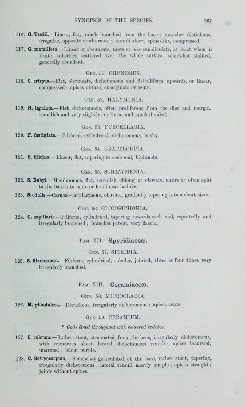 116. G. Teedii.— Linear, flat, much branched from the base ; brandies distichous, irregular, opposite or alternate ; ramuli short, spine-like, conijiressed. 117. G. mamillosa.—Linear or obcuneate, more or less canaliculate, at least when in fruit; tubercles scattered over the whole surface, somewhat stalked, generally abundant. Gen. 51. CIIONDRUS. 118. C. crispus.—Flat, obcuneate, dichotomous and flabelhform upwards, or linear, compressed ; apices obtuse, emarginate or acute. Gen. 52. HALYMENIA. 119. H. ligulata.—Flat, dichotomous, often proliferous from the disc and margin, roundish and very slightly, or linear and much divided. Gen. 53. FURCELLAIHA. 120. F. fastigiata.—Filiform, cylindrical, dichotomous, bushy. Gen. 54. GRATELOUPIA. 121. G. filicina.—Linear, flat, tapering to each end, bipinnate. Gen. 55. SCHIZYMENIA. 122. S. Duhyi.—Membranous, fiat, roundish oblong or obovate, entire or often split to the base into more or less linear lacinioe. 123. S.edulis.—Carnoso-cartilaginous, obovate, gradually tapering into a short stem. Gen. 56. GLOIOSIPHONIA. 124. G. capillaris.—Filiform, cylindrical, tapering towards each end, repeatedly and irregularly branched ; branches patent, very flaccid. Fam. XII.—Spyridiaceae. Gen. 57. SPIRIDIA. 125. S. filamentosa.—Filiform, cylindrical, tubular, jointed, three or four times very irregularly branched. Fam. XIII.—Ceramiacese. Gen. 58. MICROCLADIA. 126. M. glandulosa.—Distichous, irregularly dichotomous ; apices acute. Gen. 59. CERAMIUM. * Cells lined throughout with coloured cellules. 127. C. rubrum,—Rather stout, attenuated from the base, irregularly dichotomous, with numerous short, lateral dichotomous ramuli ; apices incurved, unarmed; colour purple. ,128. C. Botryocarpum.—Somewhat geniculated at the base, rather stout, tapering, irregularly dichotomous ; lateral ramuli mostly simple ; apices straight; joints without spines.