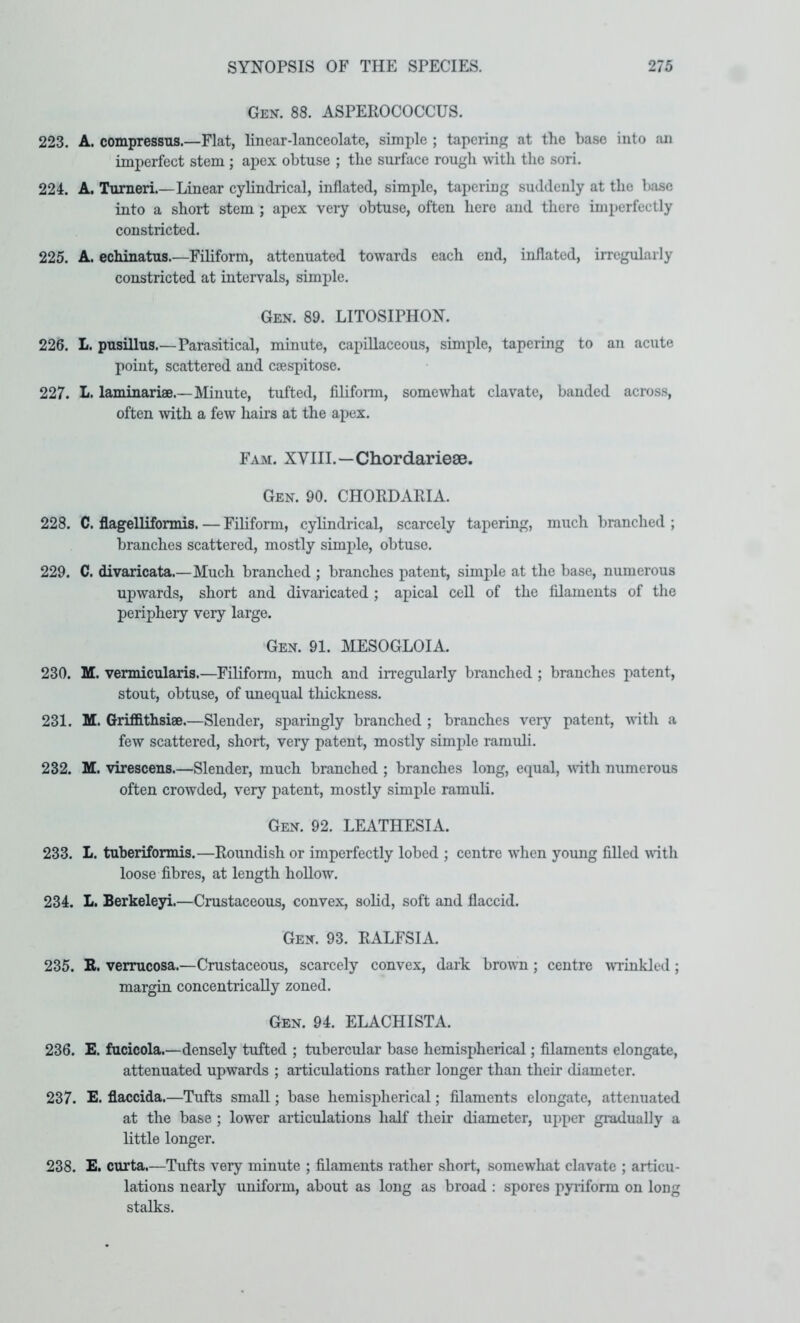 Gen. 88. ASPEROCOCCUS. 223. A. compressTis.—Flat, linear-lanceolate, simple ; taperinpj at the base into an imperfect stem ; apex obtuse ; the surface rough with the sori. 224. A, Tumeri.—Linear cylindrical, inflated, simple, tapering suddenly at the base into a short stem ; apex very obtuse, often here and there imperfectly constricted. 225. A. echinatus.—Filiform, attenuated towards each end, inflated, irregiilarly constricted at intervals, simple. Gen. 89. LITOSIPHON. 226. L. pusillus.—Parasitical, minute, capillaccous, simple, tapering to an acute point, scattered and csespitose. 227. L. laminariae.—Minute, tufted, filiform, somewhat clavate, banded across, often with a few hairs at the apex. Fam. XVIII.—Chordariese. Gen. 90. CHORDARIA. 228. C. flagelliformis. — Filiform, cylindrical, scarcely tapering, much branched ; branches scattered, mostly simple, obtuse. 229. C. divaricata.—Much branched ; branches patent, simple at the base, numerous upwards, short and divaricated ; apical cell of the filaments of the periphery very large. ‘Gen. 91. MESOGLOIA. 230. M. vennicularis.—Filiform, much and irregularly branched ; branches patent, stout, obtuse, of unequal thickness. 231. M. Griflflthsiae.—Slender, sparingly branched ; branches very patent, -with a few scattered, short, very patent, mostly simple ramuli. 232. M. virescens.—Slender, much branched ; branches long, equal, vith numerous often crowded, very patent, mostly simple ramuli. Gen. 92. LEATHESIA. 233. L. tuberiformis.—Roundish or imperfectly lobed ; centre when young filled with loose fibres, at length hollow. 234. L, Berkeley!.—Crustaceous, convex, solid, soft and flaccid. Gen. 93. RALFSIA. 235. R. verrucosa.—Crustaceous, scarcely convex, dark brown; centre Avrinkled; margin concentrically zoned. Gen. 94. ELACHISTA. 236. E. facicola.—densely tufted ; tubercular base hemispherical; filaments elongate, attenuated upwards ; articulations rather longer than their diameter. 237. E. flaccida.—Tufts small; base hemispherical; filaments elongate, attenuated at the base ; lower articulations half their diameter, ui)per gradually a little longer. 238. E. curta.—Tufts very minute ; filaments rather short, somewhat clavate ; articu- lations nearly uniform, about as long as broad : spores pyrifonn on long stalks.